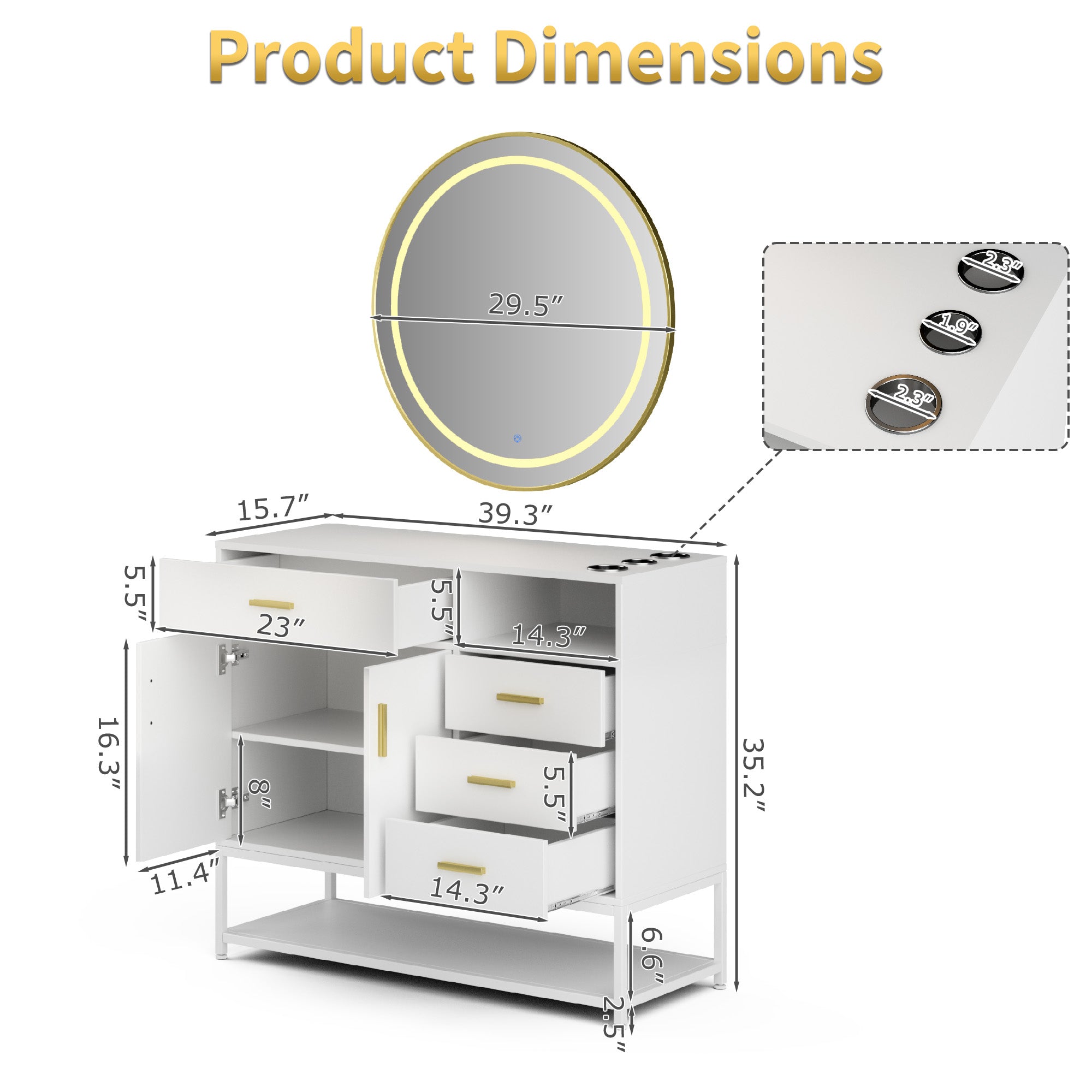 Dimensions of a vanity with mirror and scale on a white background