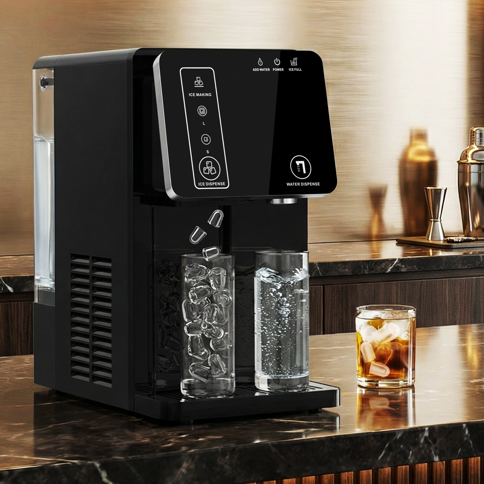Black water dispenser on a kitchen counter with glasses of water and a glass of iced drink.