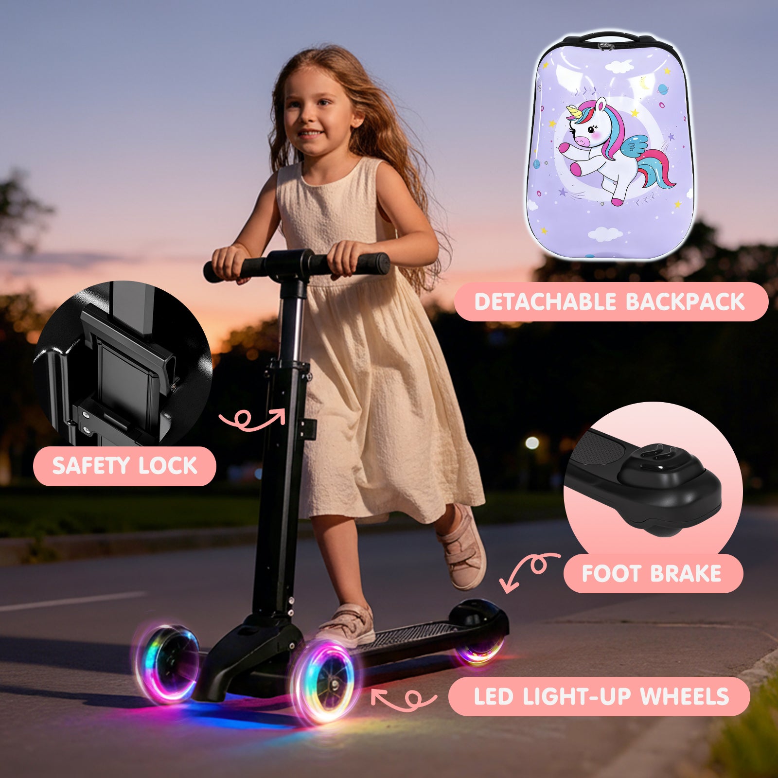 Child riding a scooter with features highlighted, including LED light-up wheels and a detachable backpack.