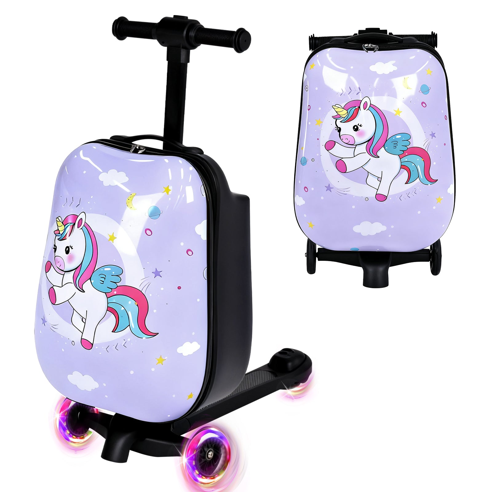 Children's scooter with suitcase attachment featuring a unicorn design on a white background