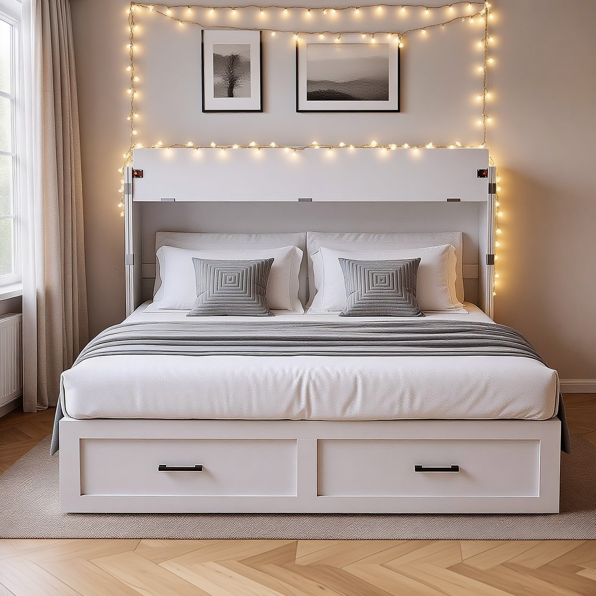 Bedroom with a neatly made bed, decorative pillows, and string lights on the wall.