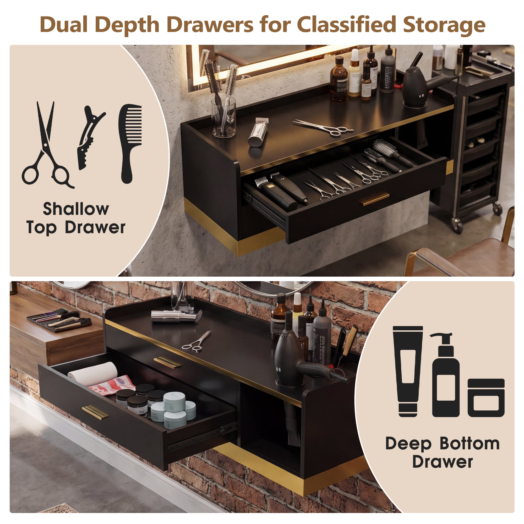Advwin Wall Mount Barber Desk w/ Gold Accent