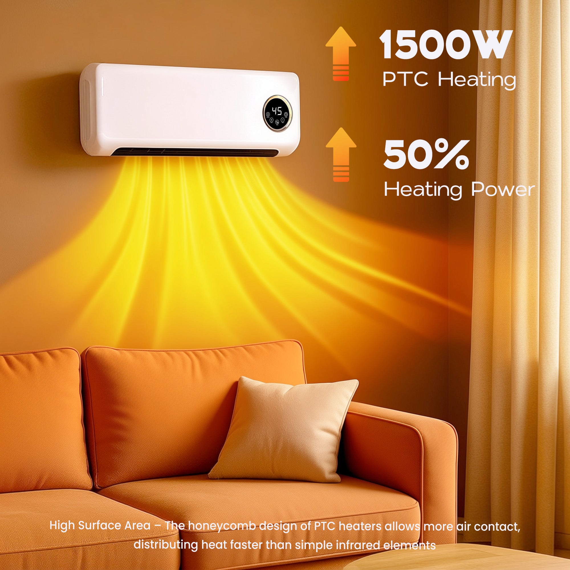 Wall-mounted PTC heater emitting heat in a room with an orange couch.