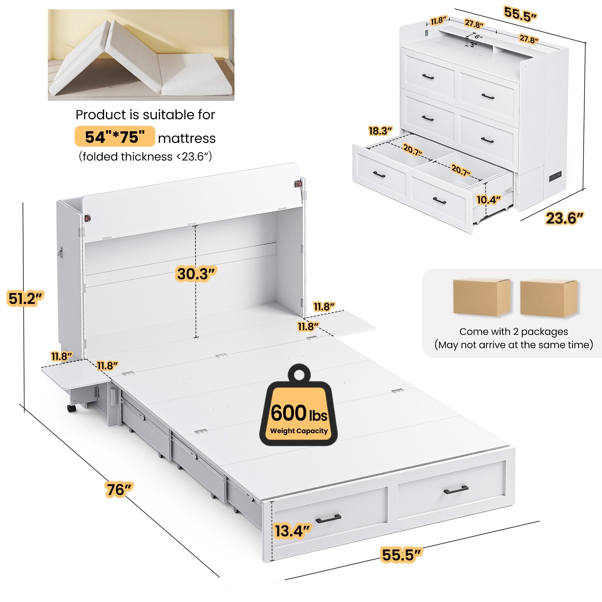 White bed frame with measurements and product details on a white background