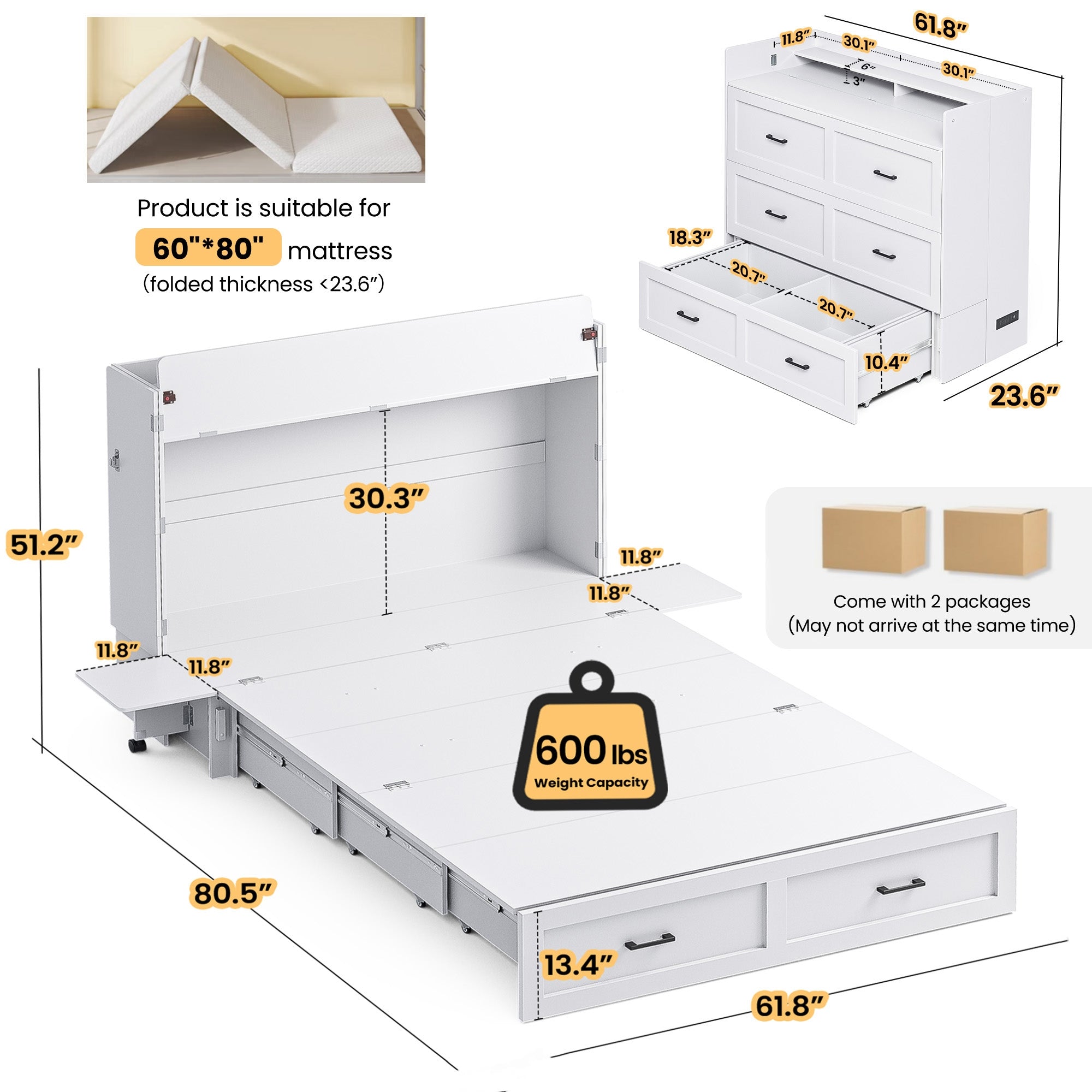 White bed frame with measurements and product details on a white background