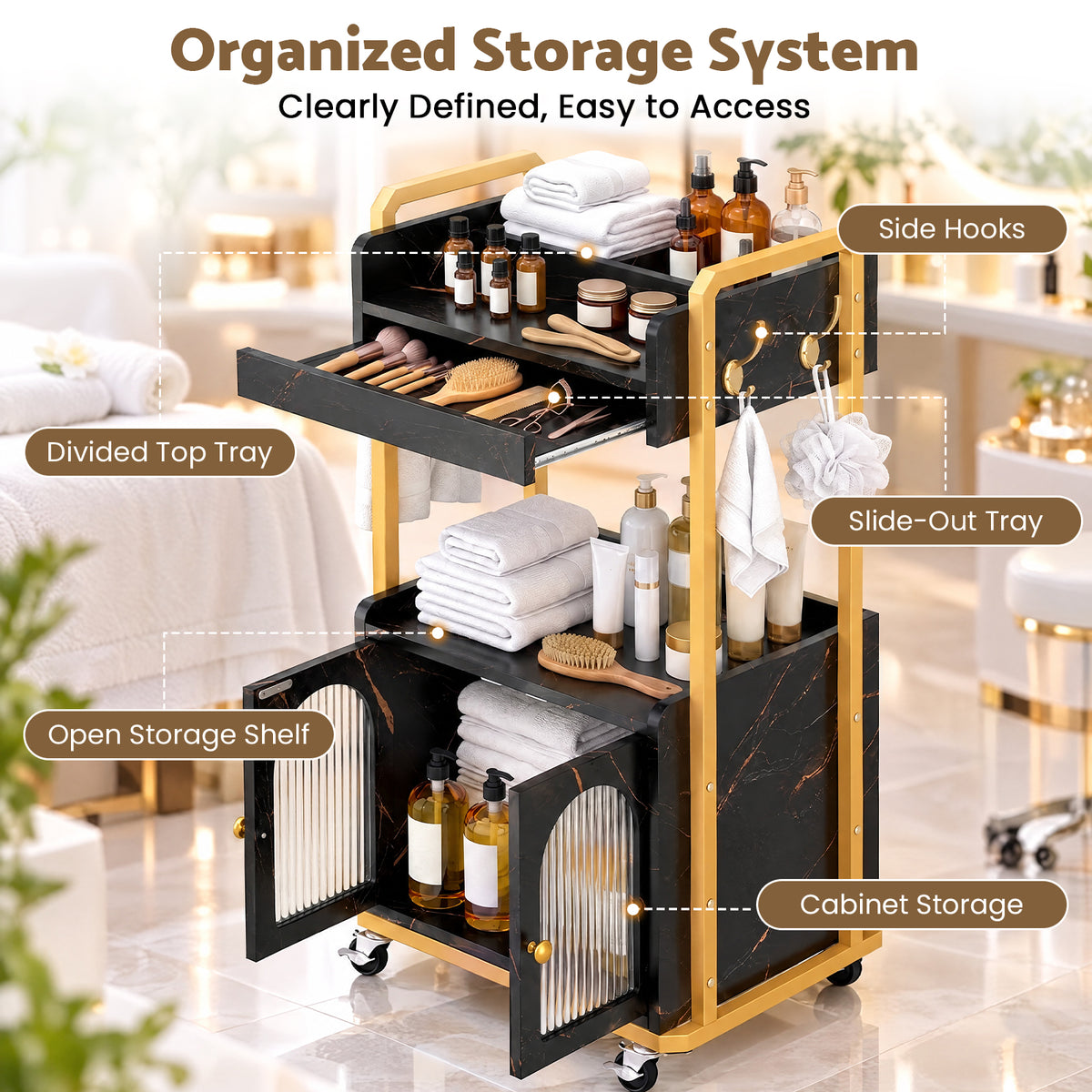 Advwin Rolling Salon Cart with Glass Door Cabinet