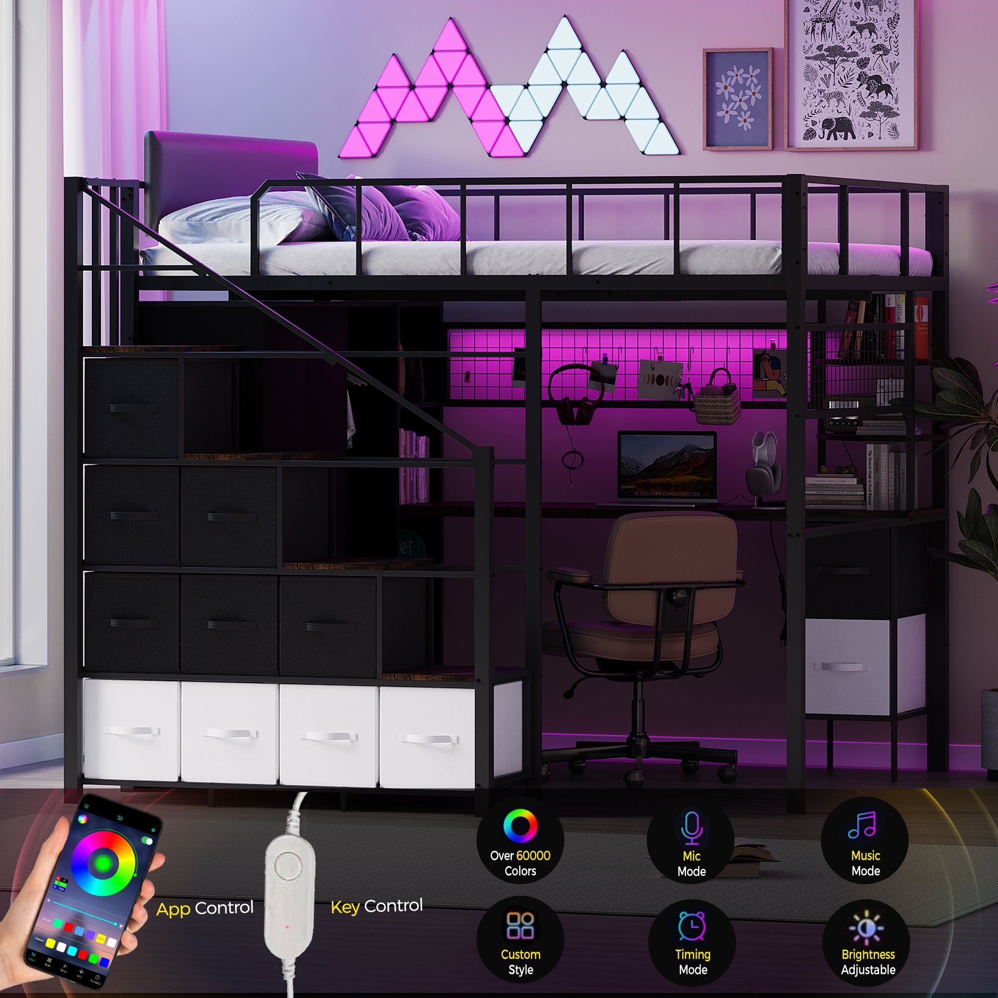 Advwin Space-Saving Loft Bed with LED Light & Drawers