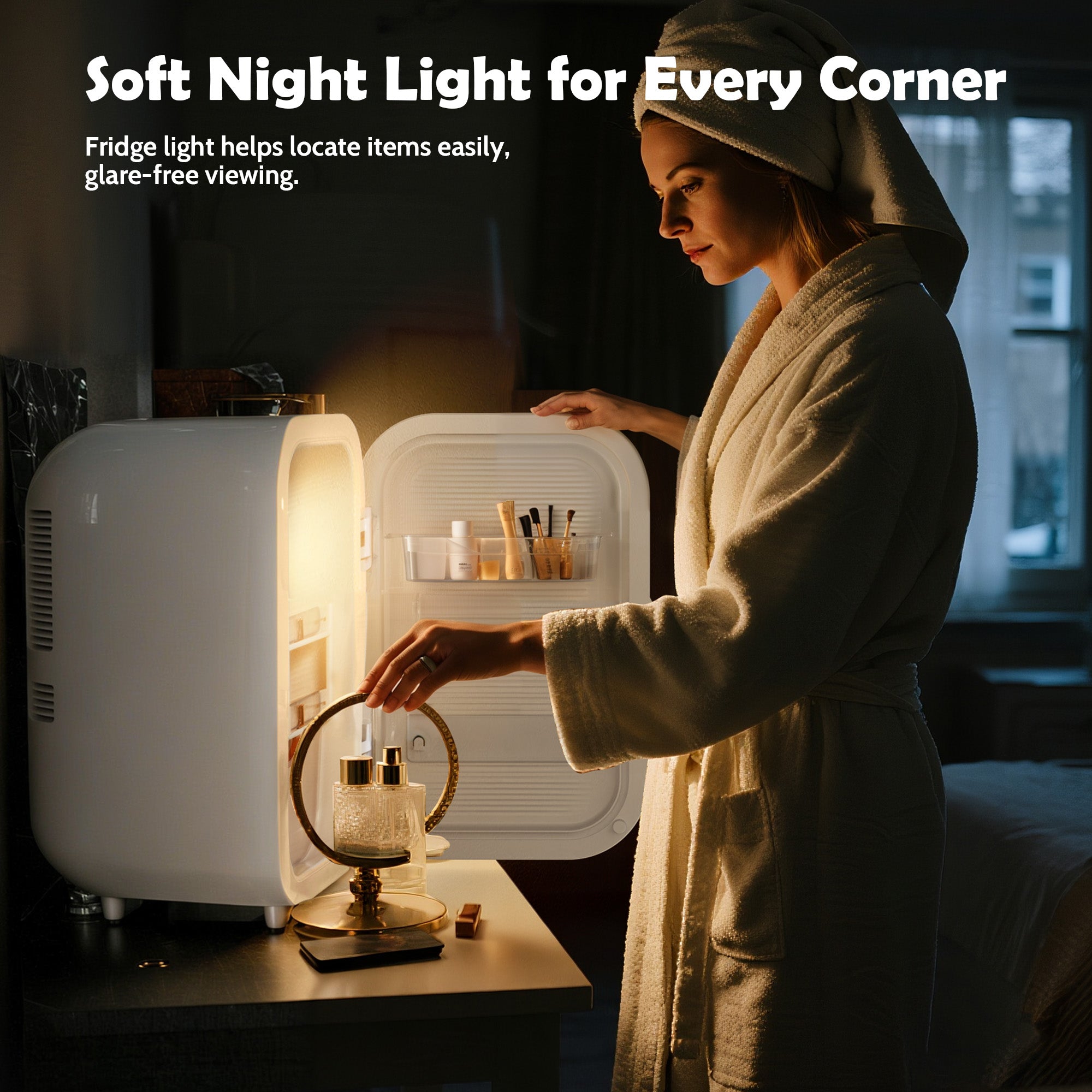 Woman in a robe using a soft night light next to an open refrigerator.