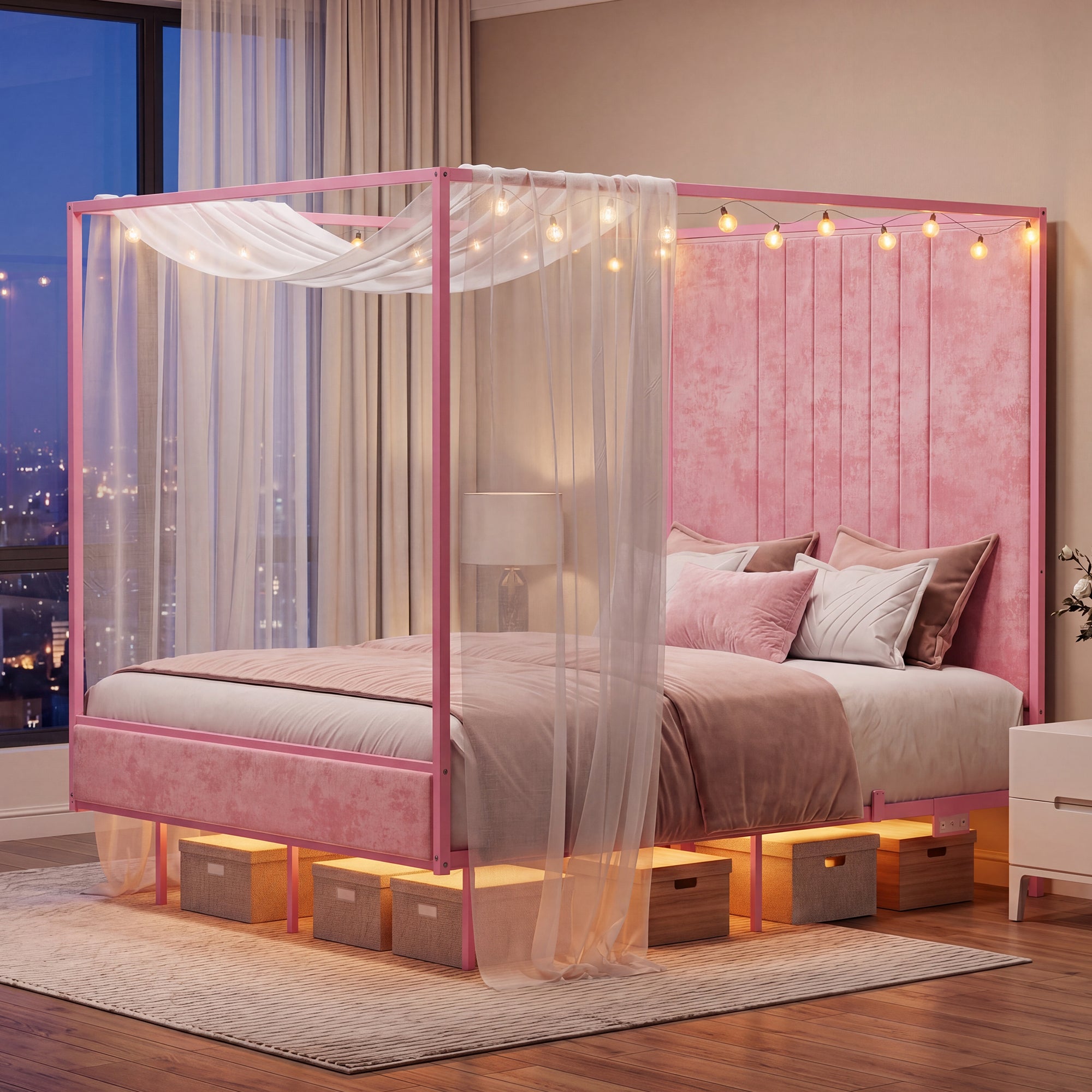 Advwin Canopy Bed Frame with RGB LED Strip Lights