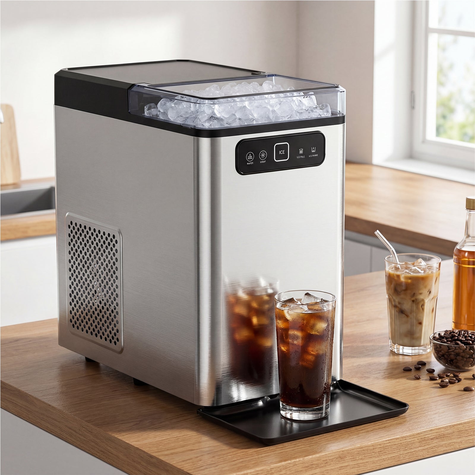 Ice cream machine with glasses of iced coffee on a kitchen counter