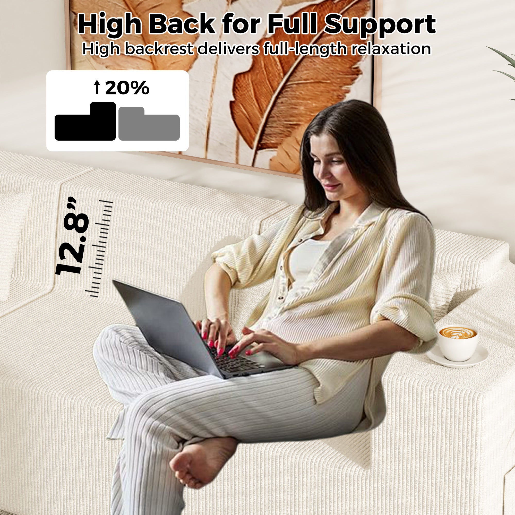 Woman using a laptop on a white couch with text about high back support