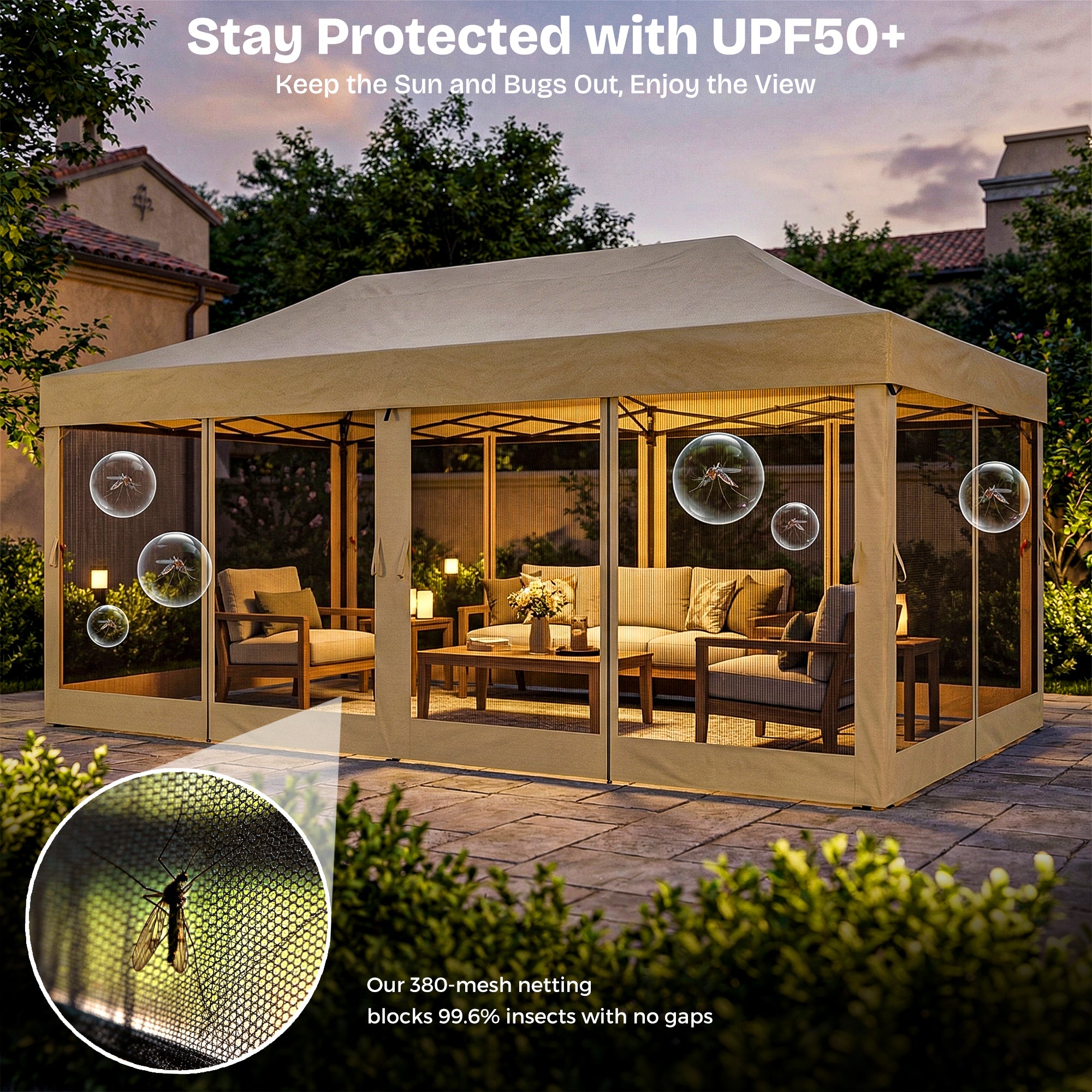 Outdoor gazebo with UPF50+ protection, blocking sun and bugs, in a garden setting.