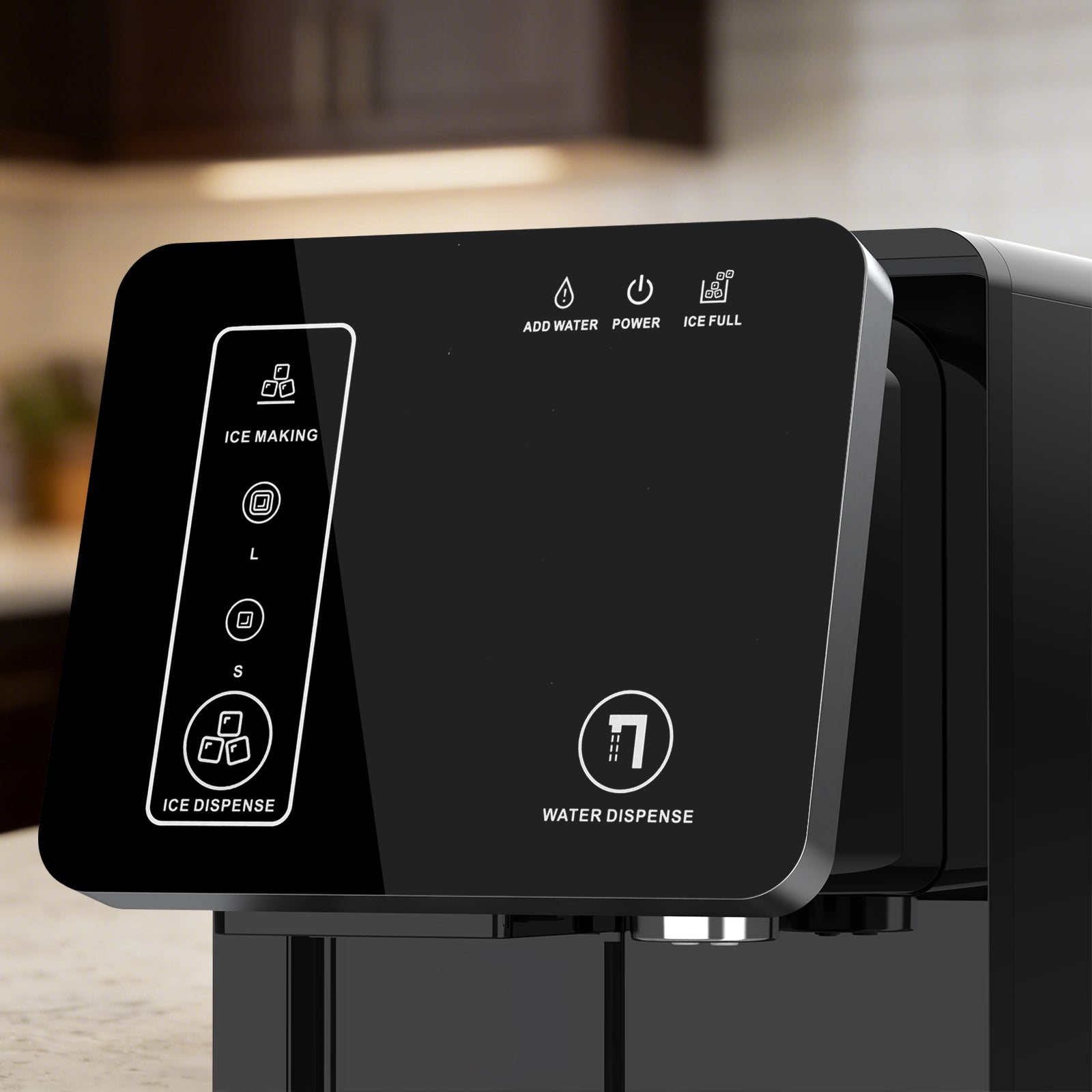 Black water and ice dispenser with control panel in a kitchen setting