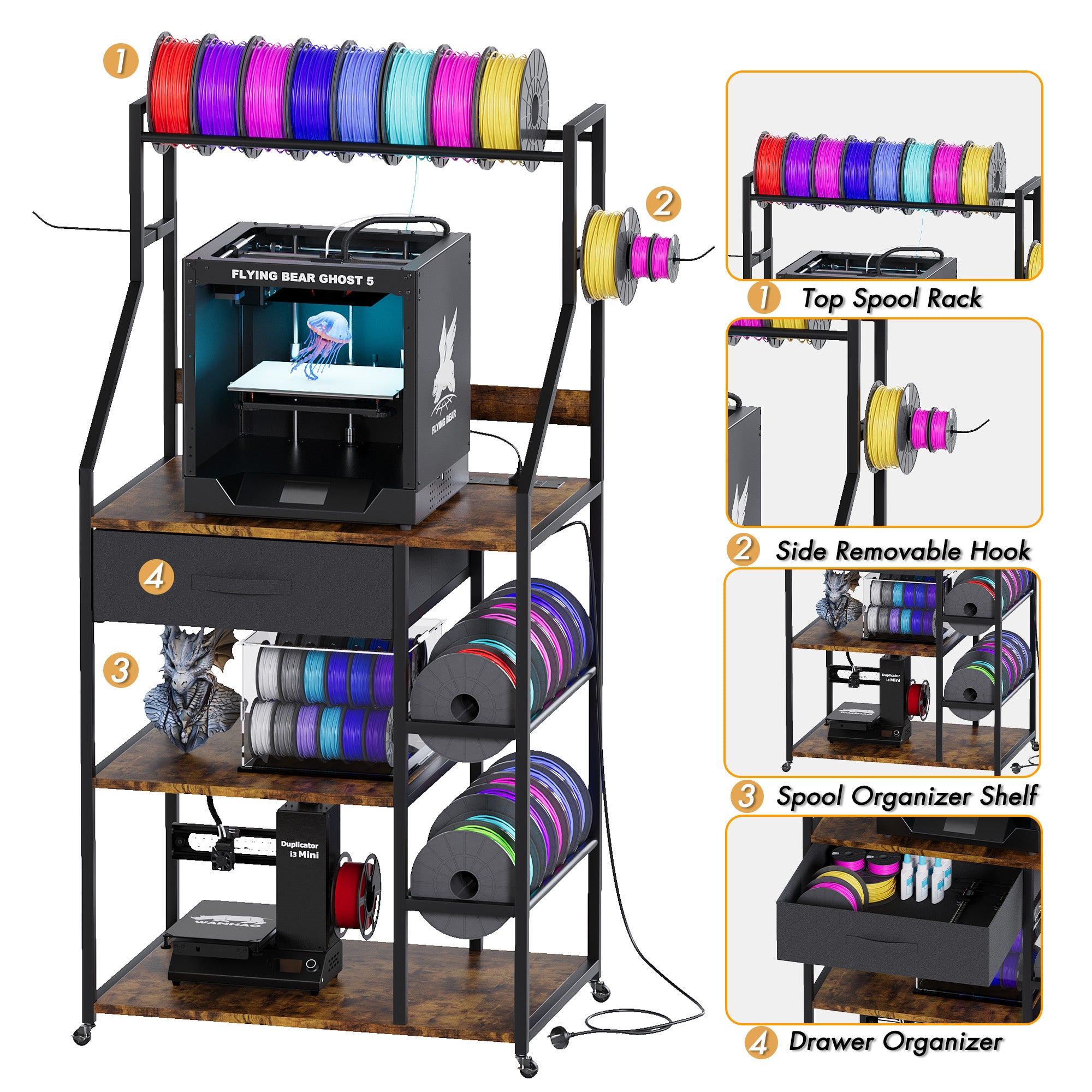 Advwin 4-Tier 3D Printer Stand w/ Drawer & Outlet