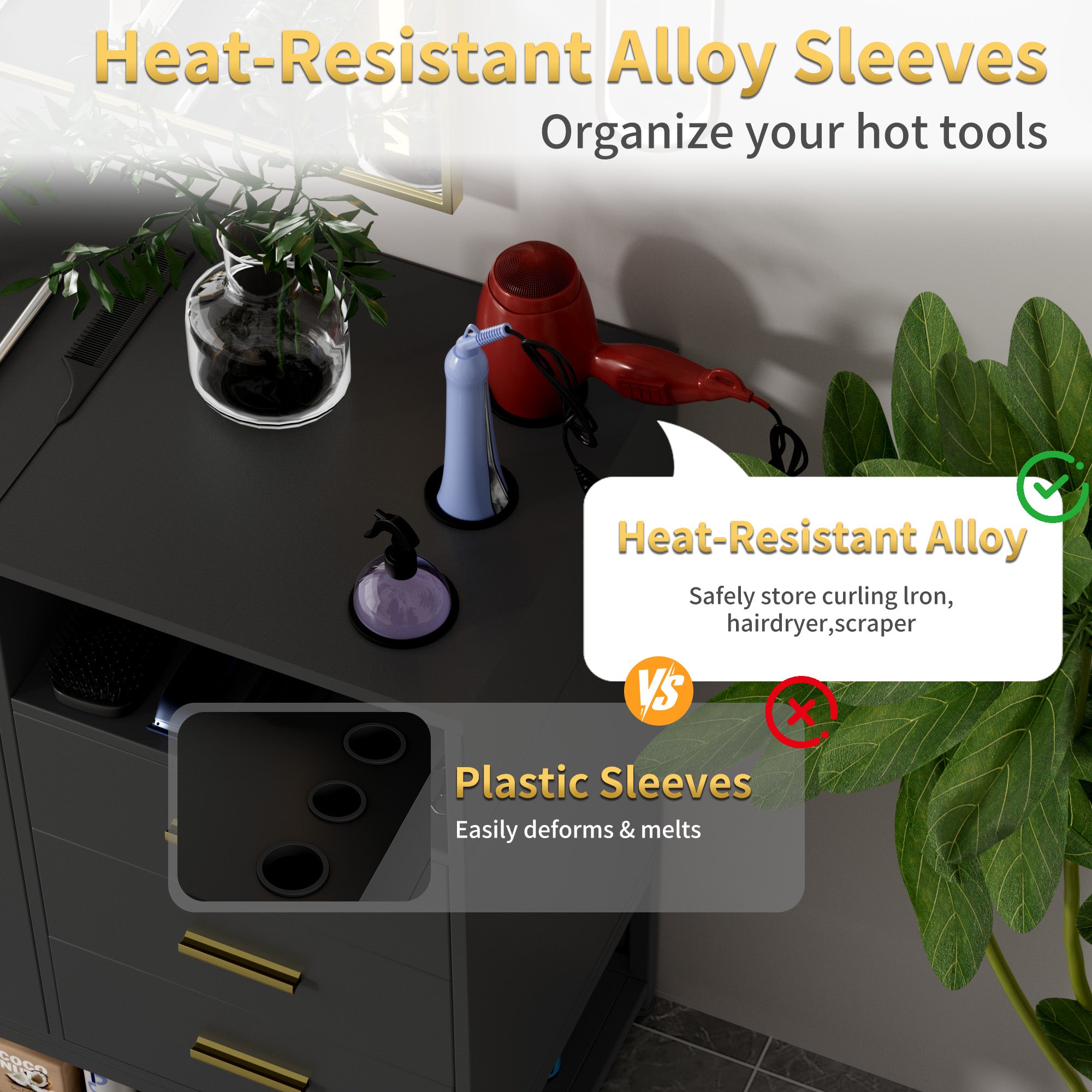 Heat-resistant alloy sleeves being used to organize hot tools on a kitchen counter.