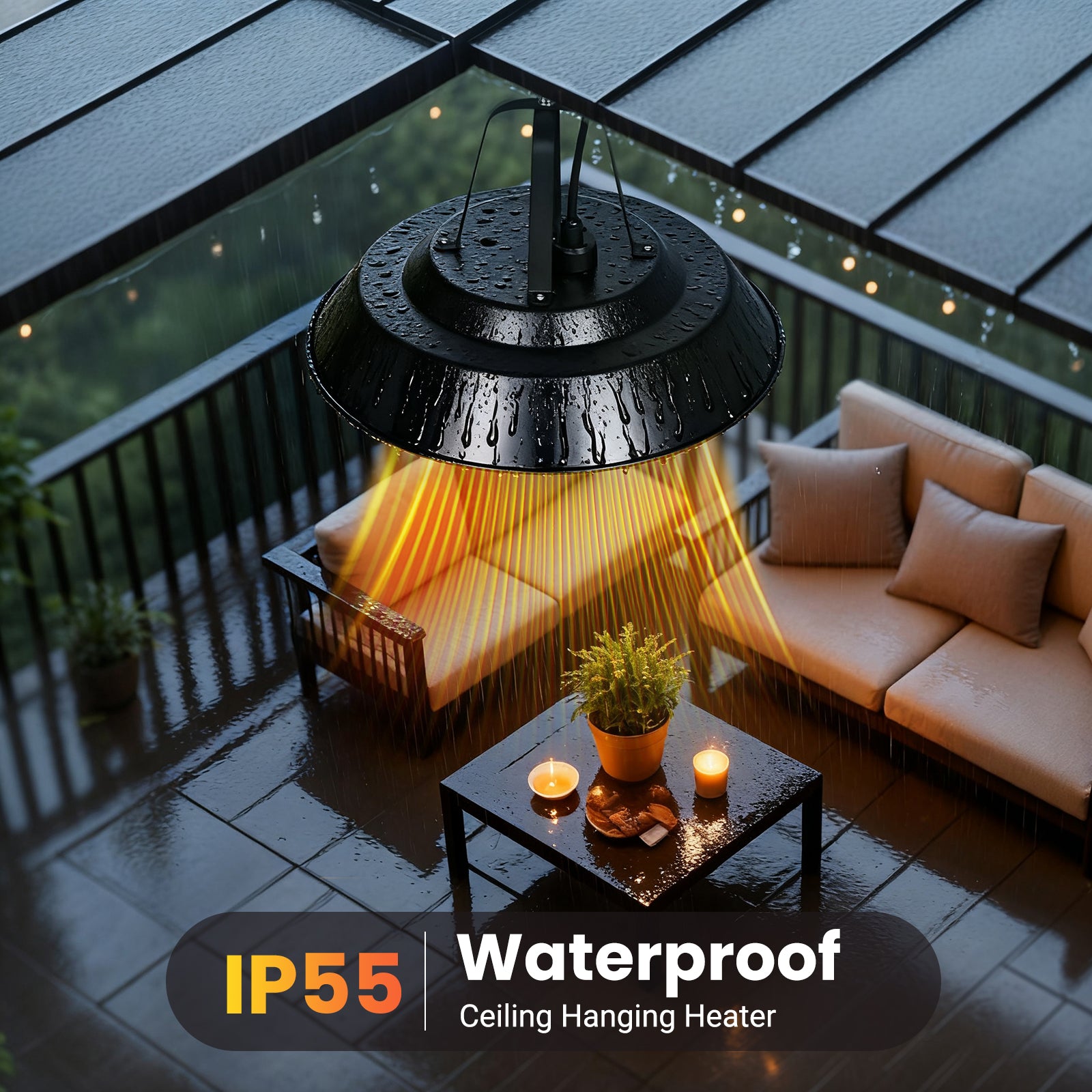 Waterproof ceiling hanging heater on a patio with outdoor furniture.