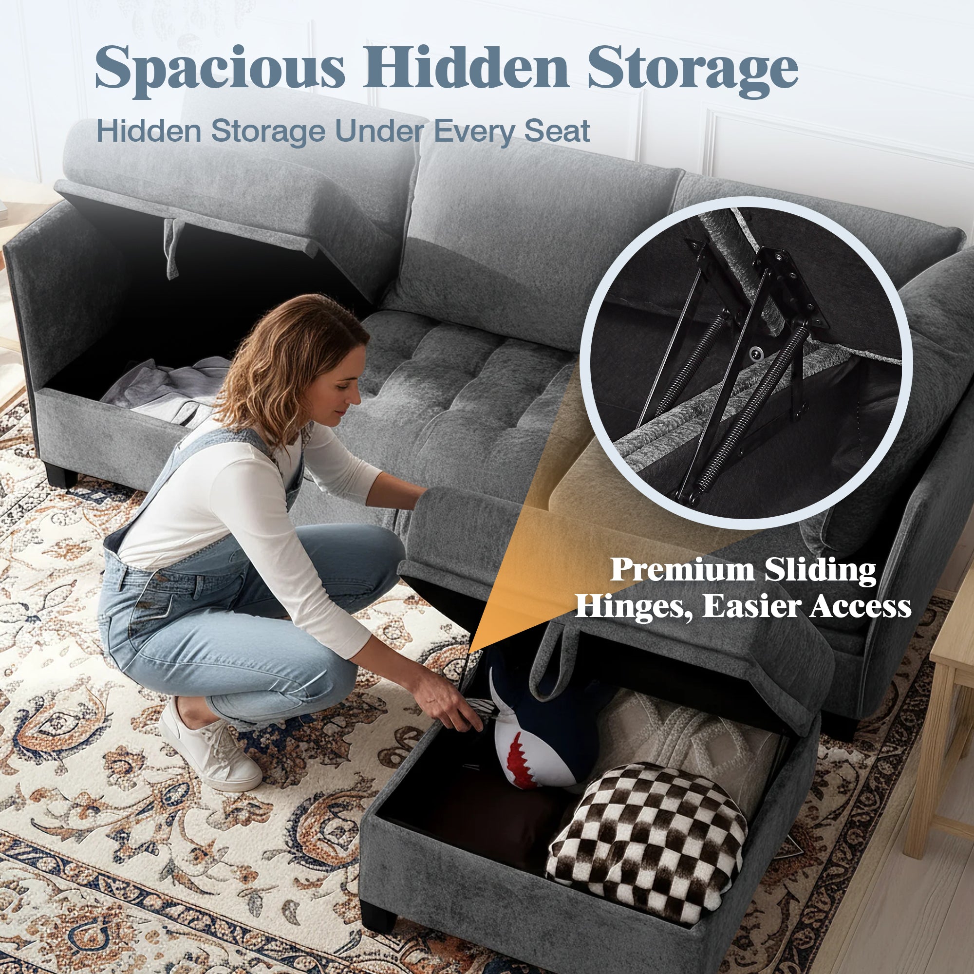 Gray sectional sofa with hidden storage under every seat, woman accessing storage compartment.
