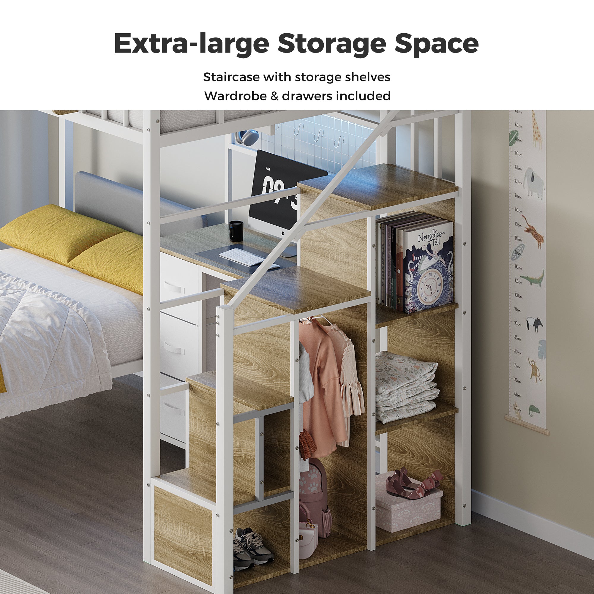 Staircase with storage shelves in a bedroom setting, featuring a bed and wardrobe.