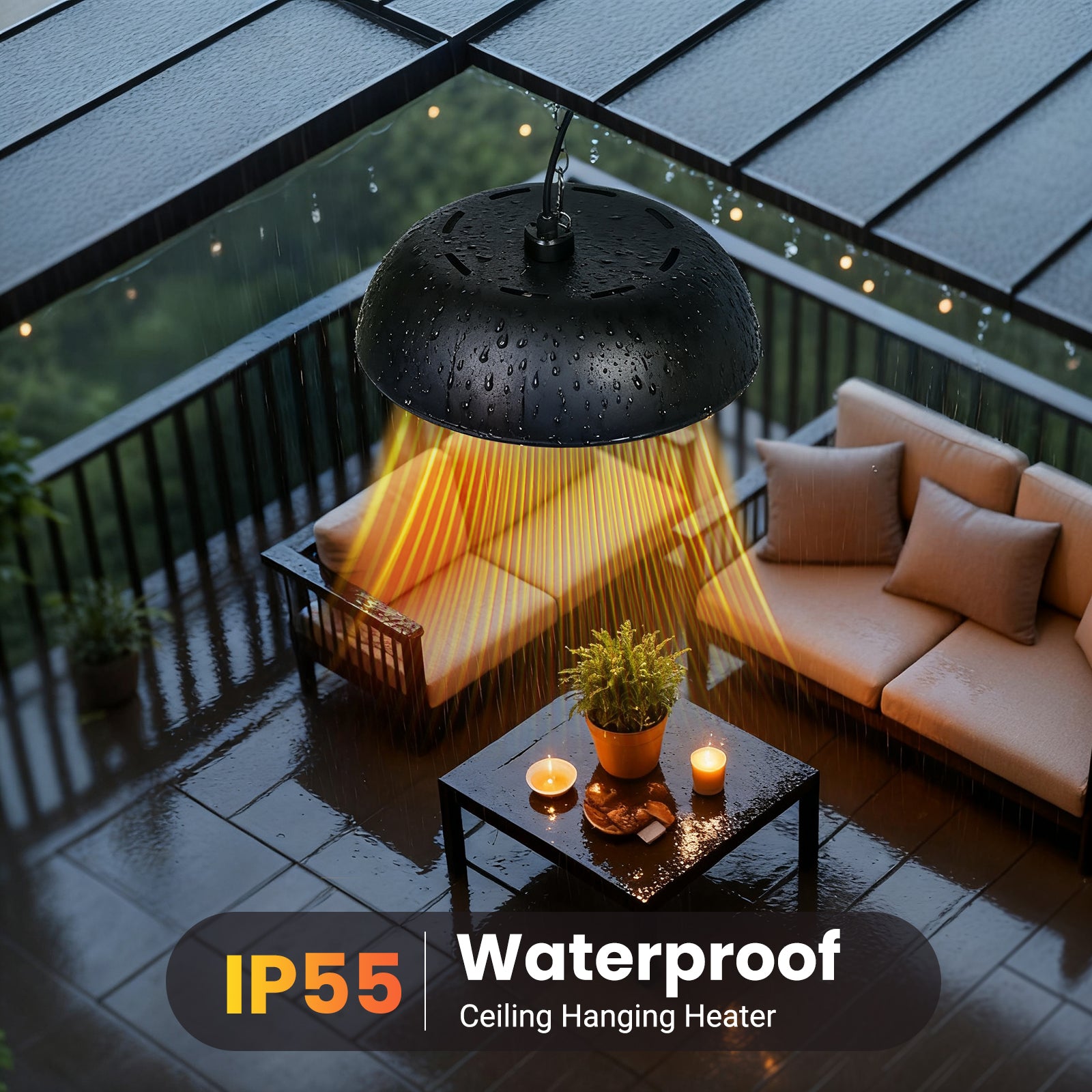 Waterproof ceiling hanging heater on a patio with outdoor furniture and lighting.