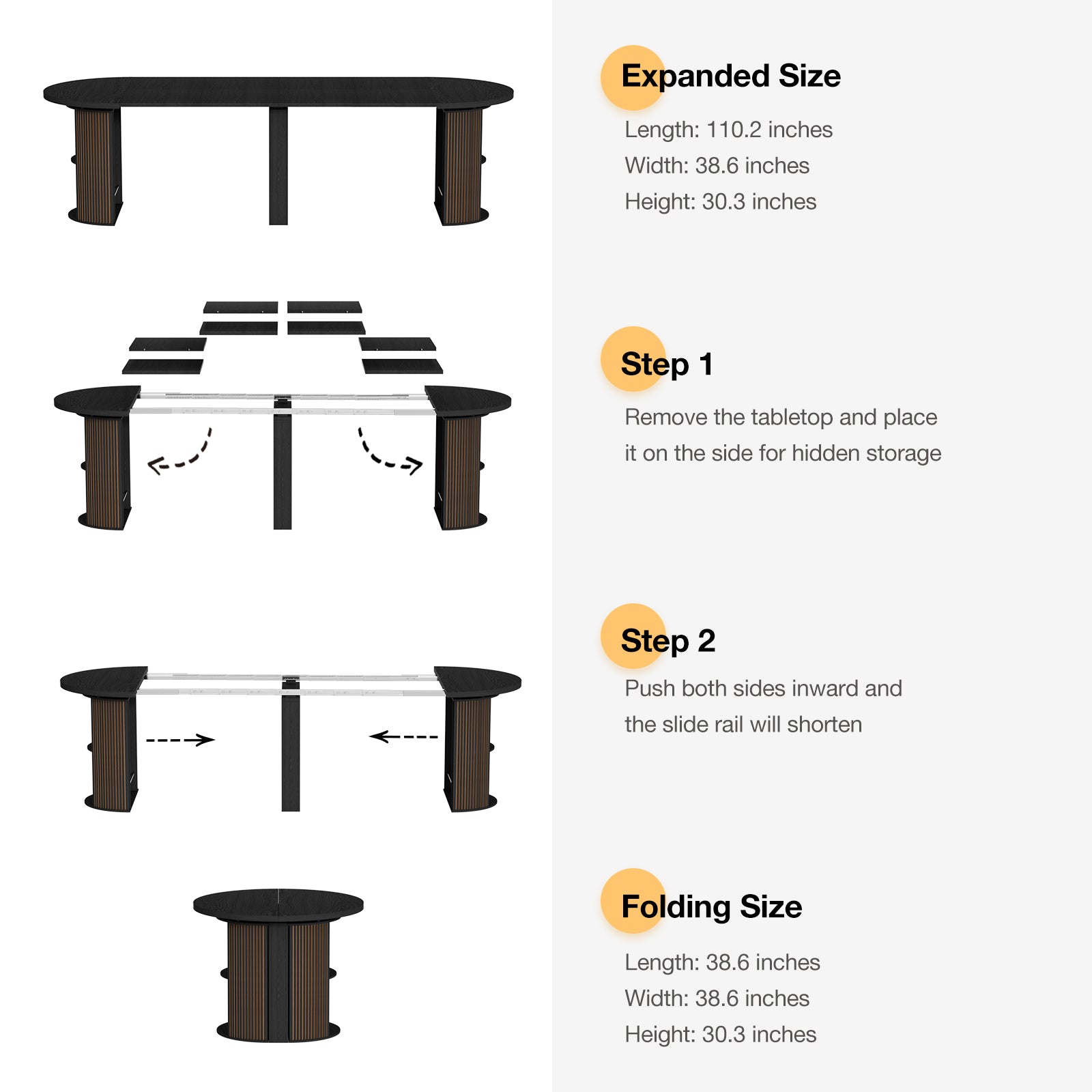 Instructions for expanding and folding a table with measurements and steps.