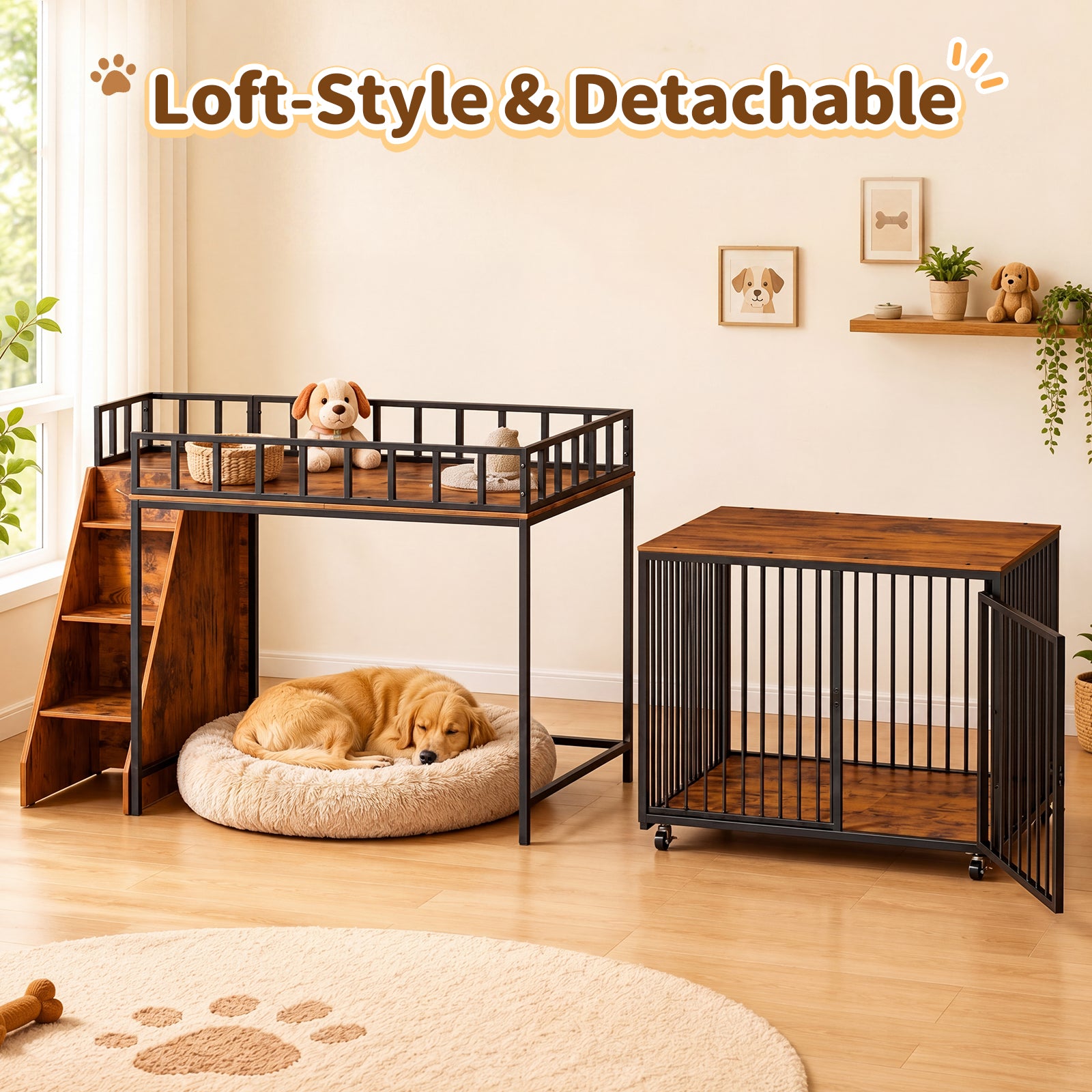 Advwin 37" Loft-Style Dog Crate with Storage Shelves