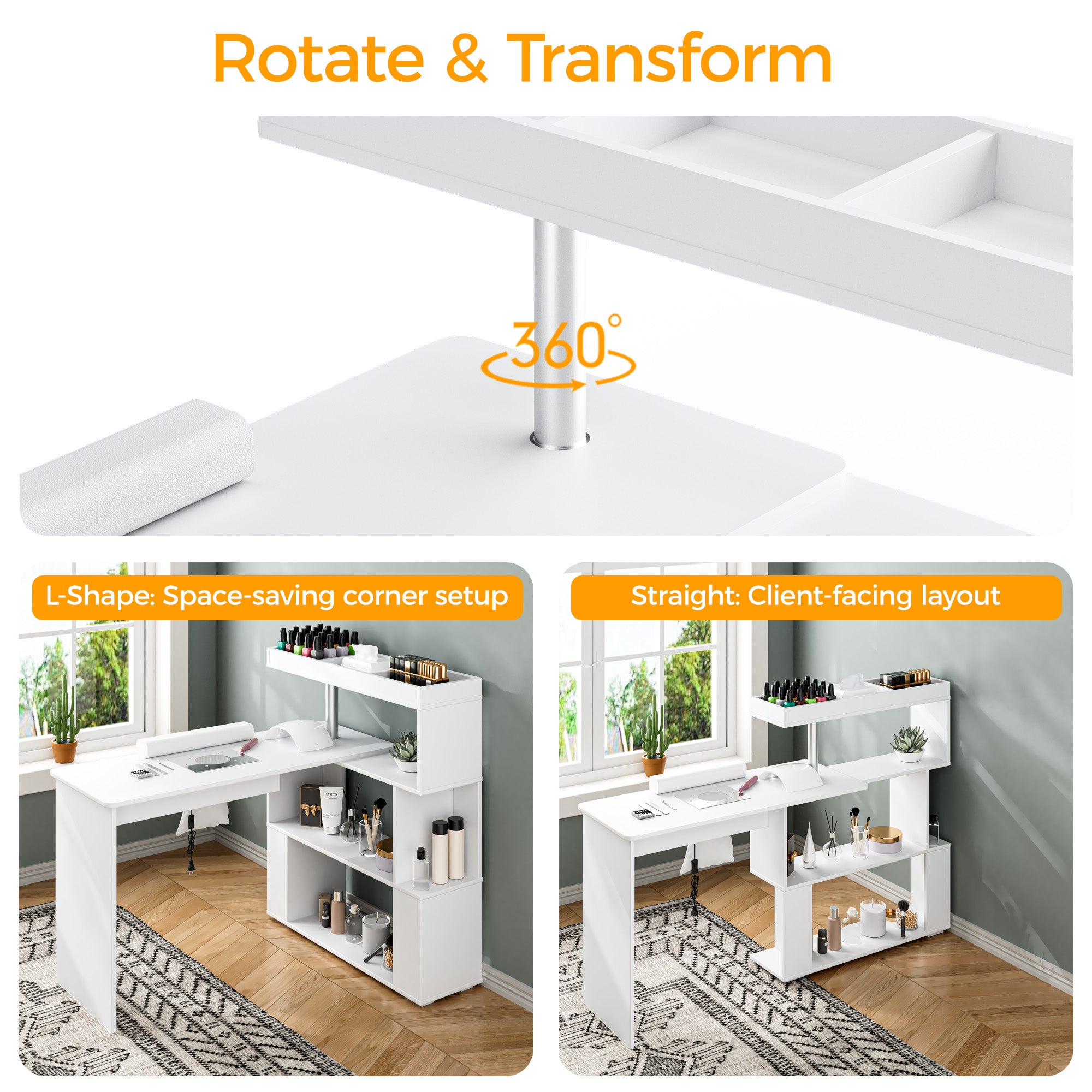 Advwin L-Shaped Rotating Nail Table with Dust Collector