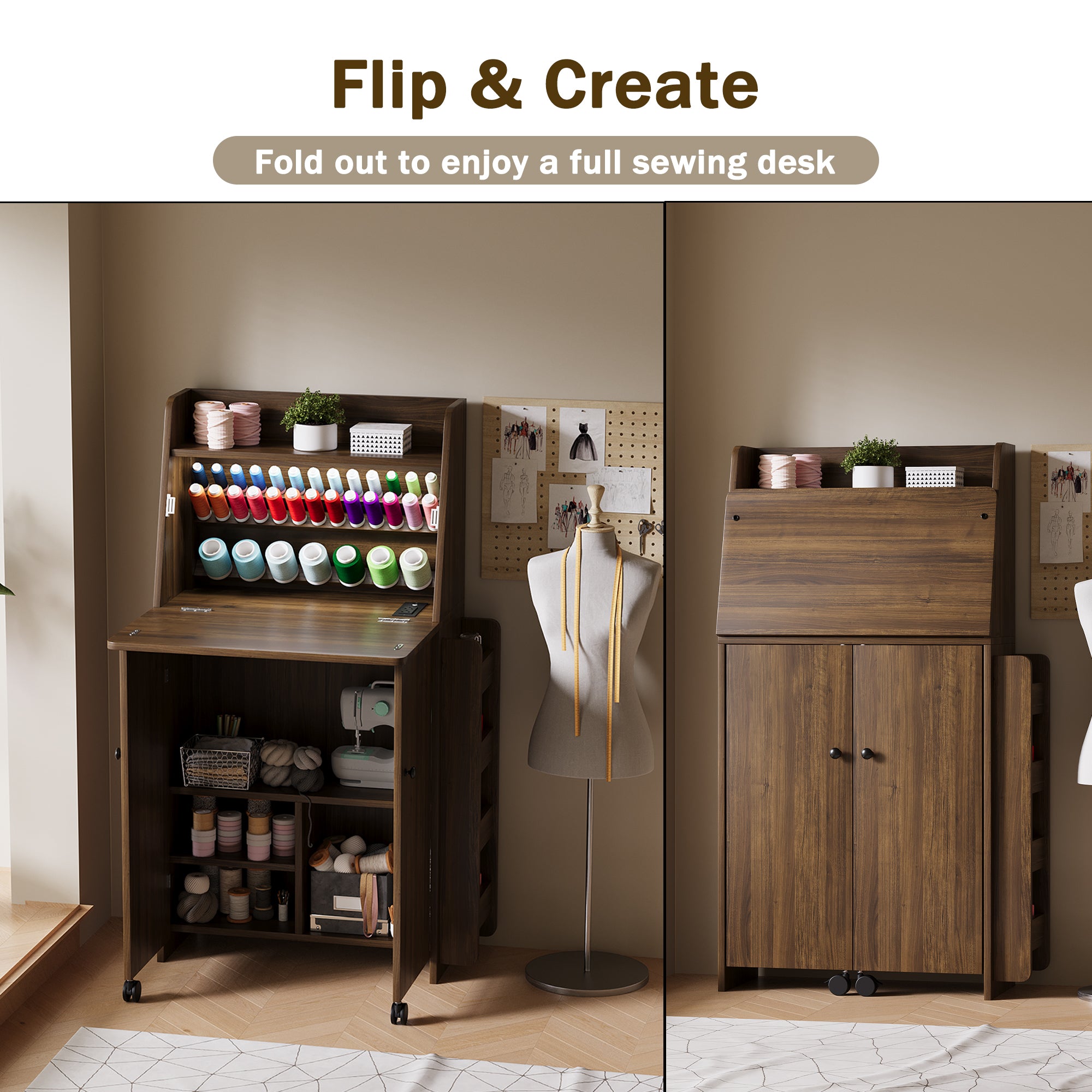 Wooden sewing desk with storage compartments and a mannequin, labeled 'Flip & Create'.