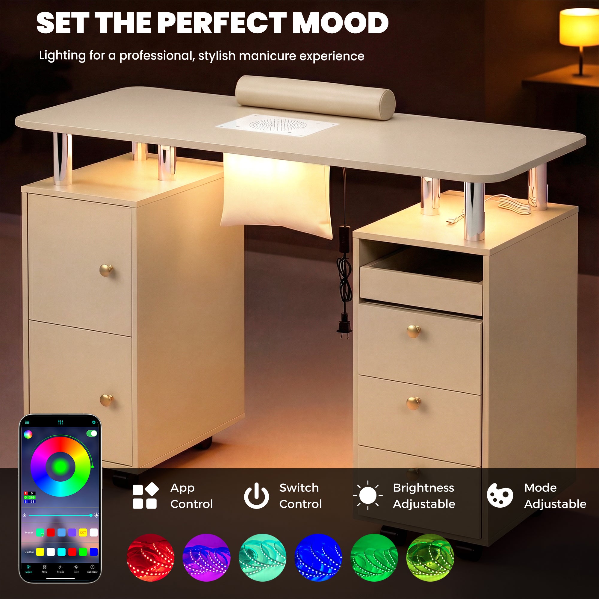 Advwin Nail Table w/ Dust Collector & Lockable Wheels Gold