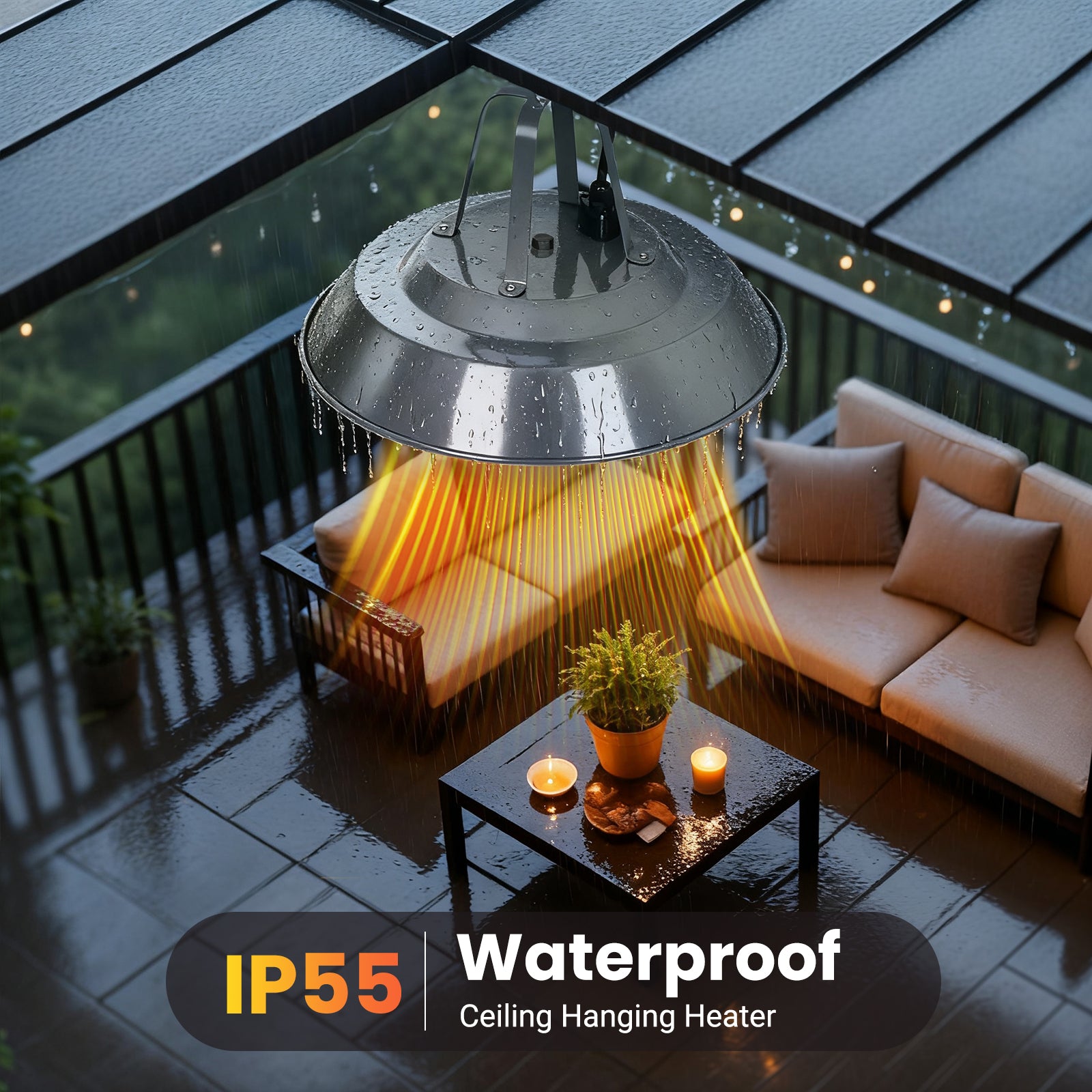 Waterproof ceiling hanging heater on a patio with IP55 label