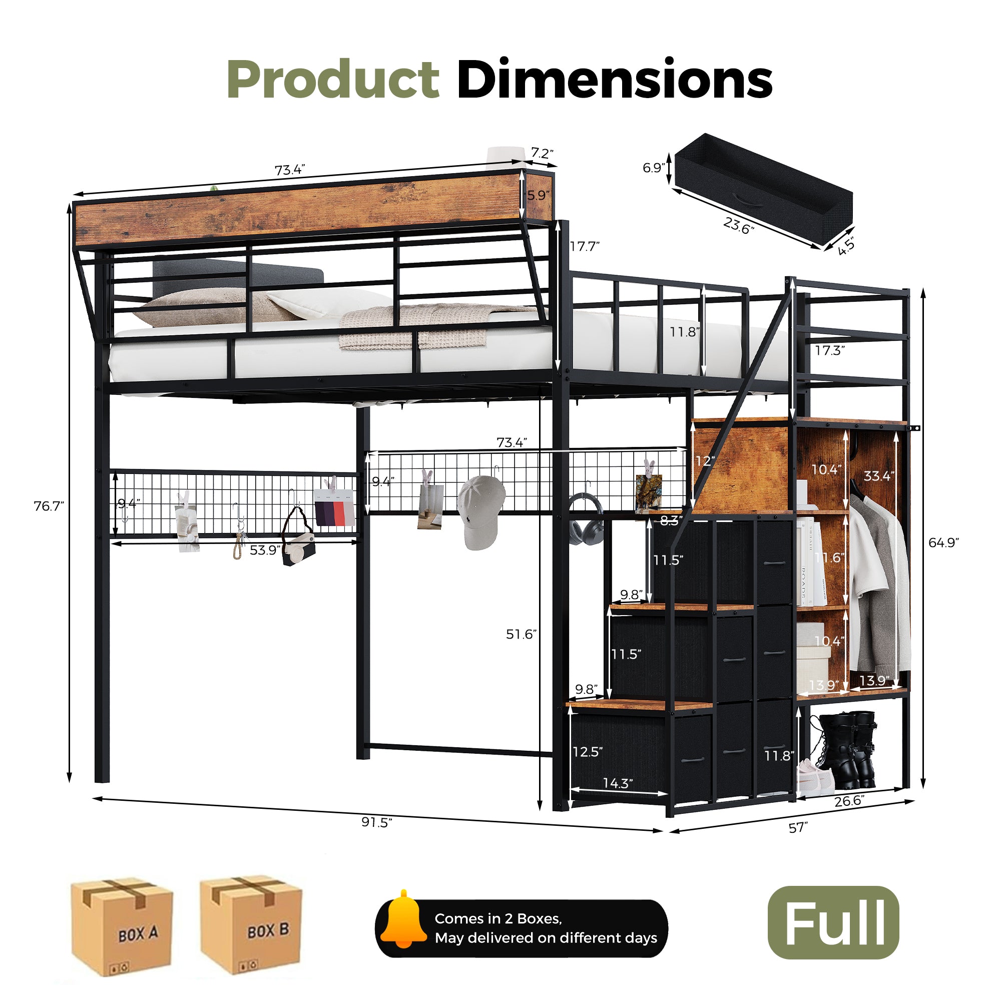 Advwin Loft Bed w/ Stairs, Storage and LED Light