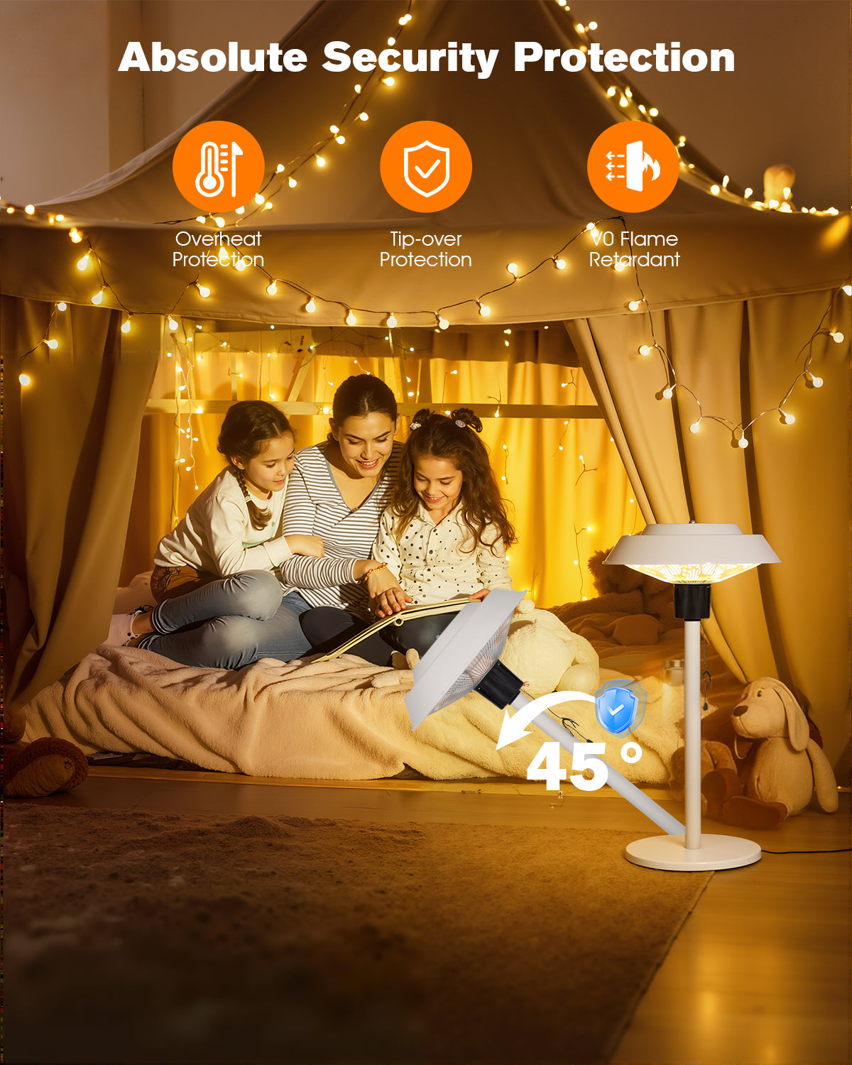 Family in a cozy tent with security features highlighted, including night light and protective icons.