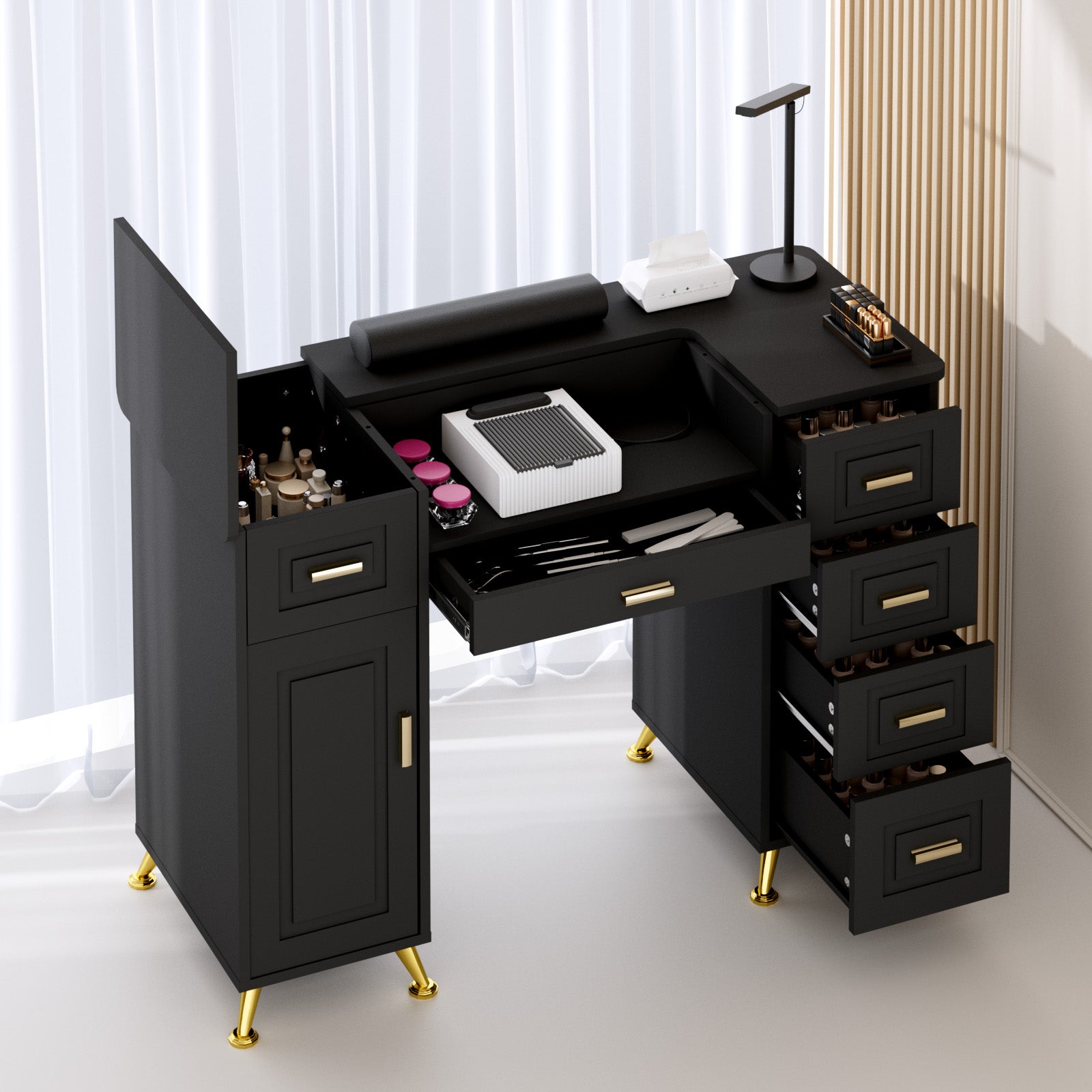 Black makeup vanity with open drawers and various items on a white background