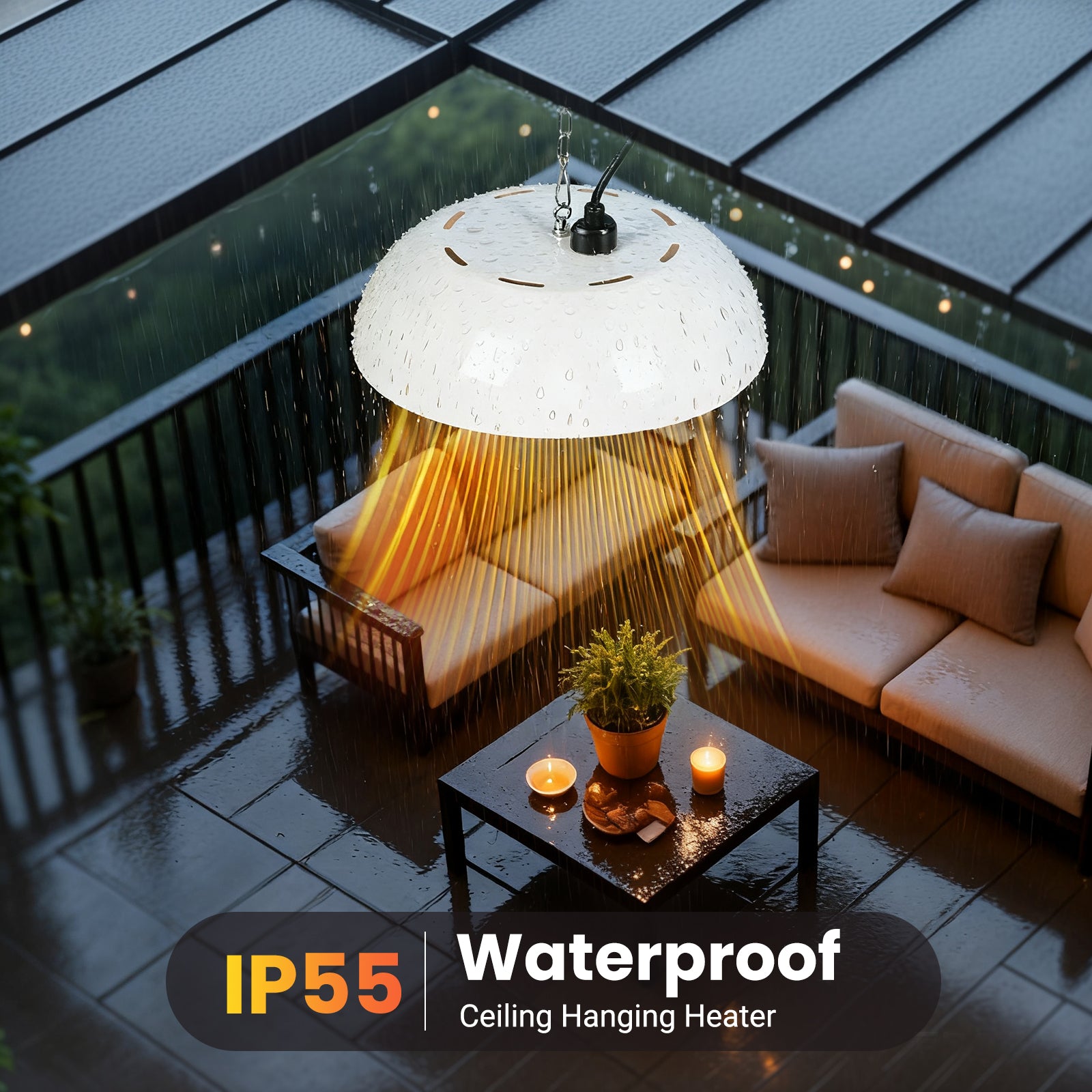 Ceiling hanging heater in a patio setting with waterproof IP55 label