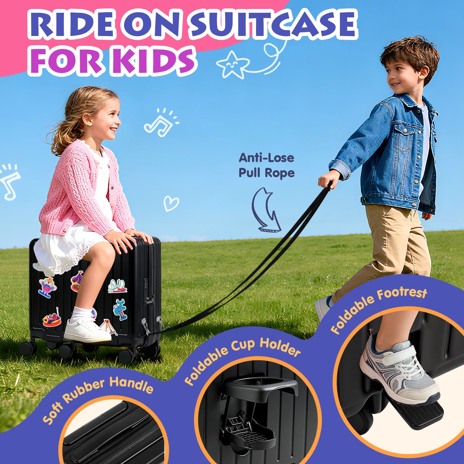 Advwin 20" Kids Ride-On Suitcase with 6 Wheels