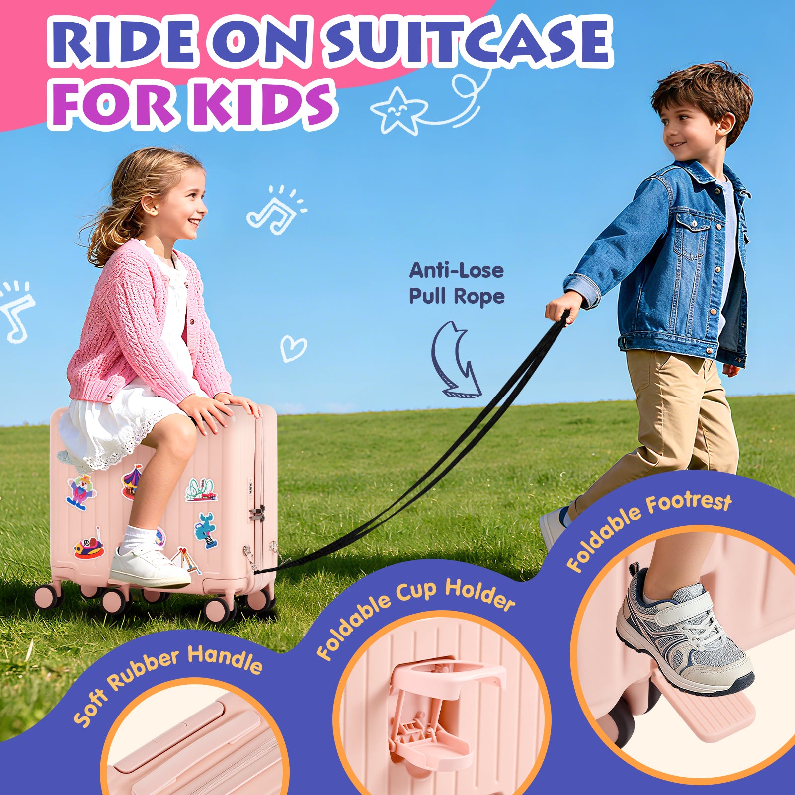 Advwin 20" Kids Ride-On Suitcase with 6 Wheels