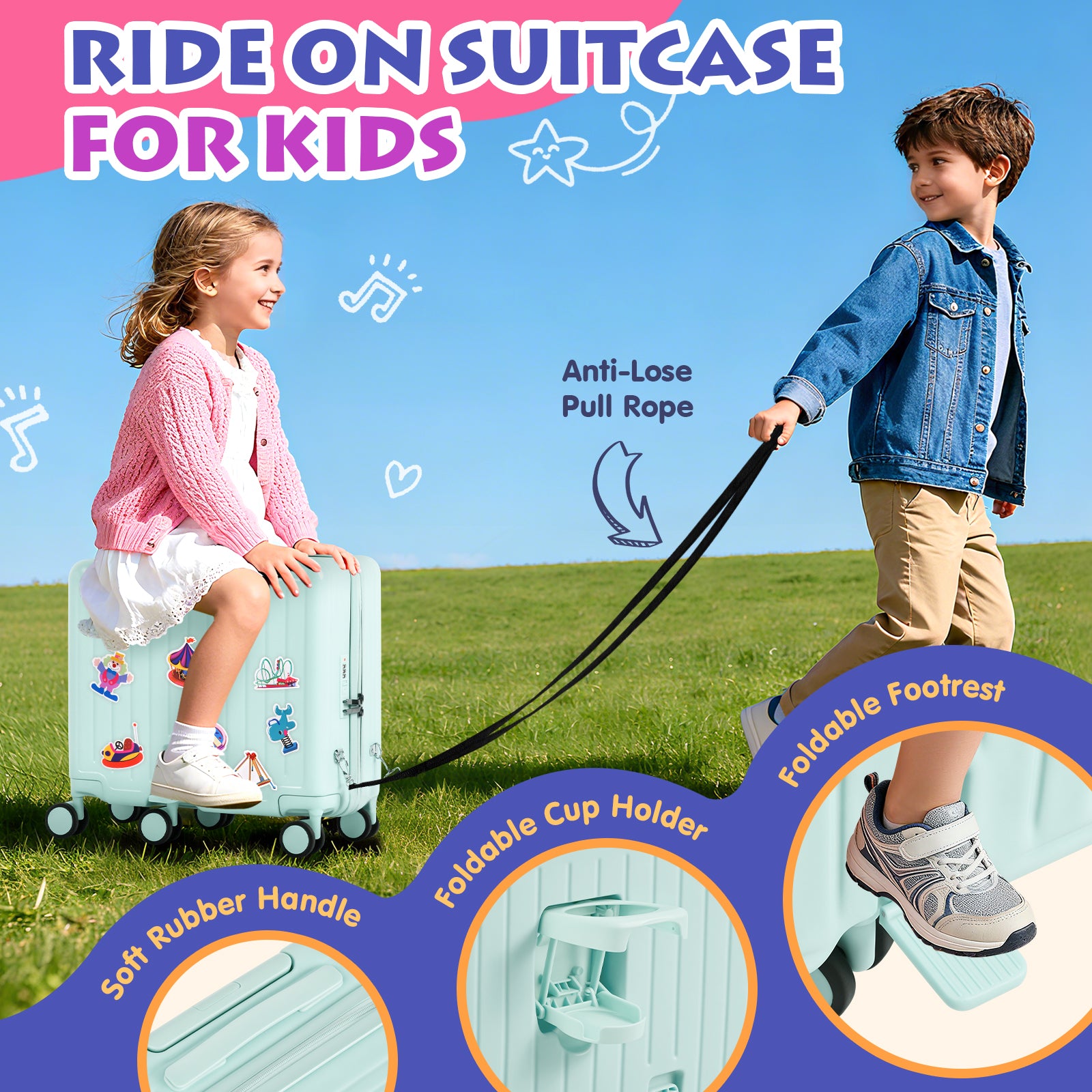 Children playing with a suitcase on grass, highlighting features like anti-lose pull rope, foldable footrest, and soft rubber handle.