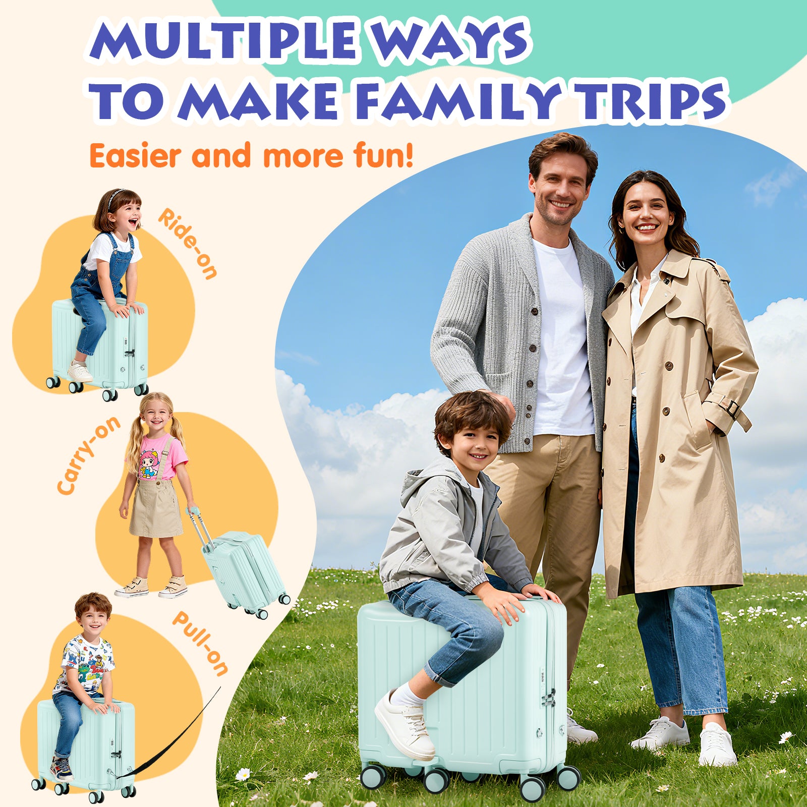 Family with children using suitcases in a scenic outdoor setting with text about multiple ways to make family trips easier and more fun.