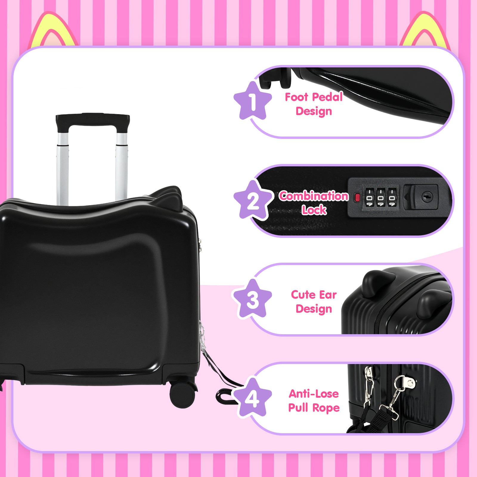 Advwin Kids’ Ride-On Suitcase with Password Lock Black (Pre-Order)
