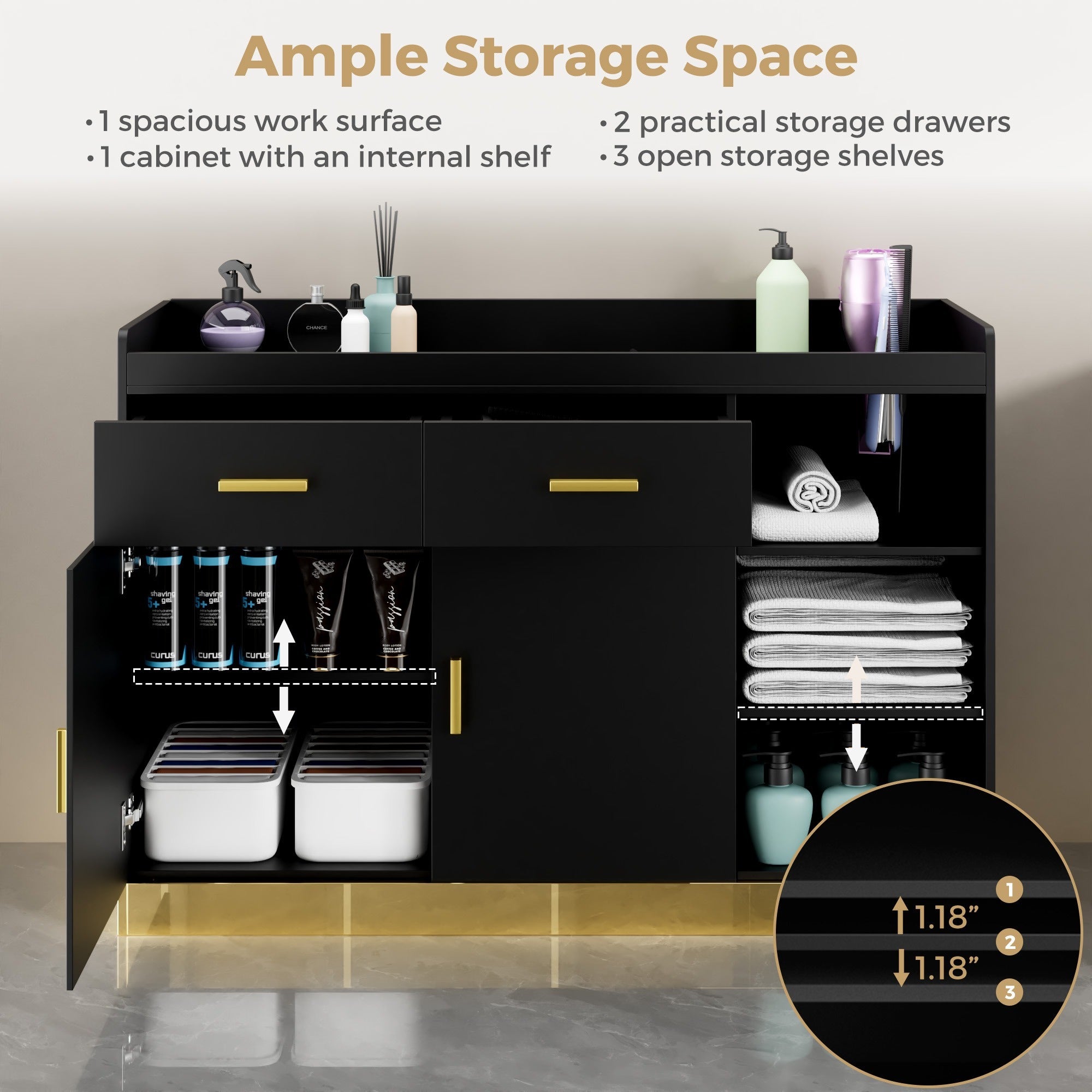 Black storage cabinet with open drawers and shelves, featuring products on a neutral background.
