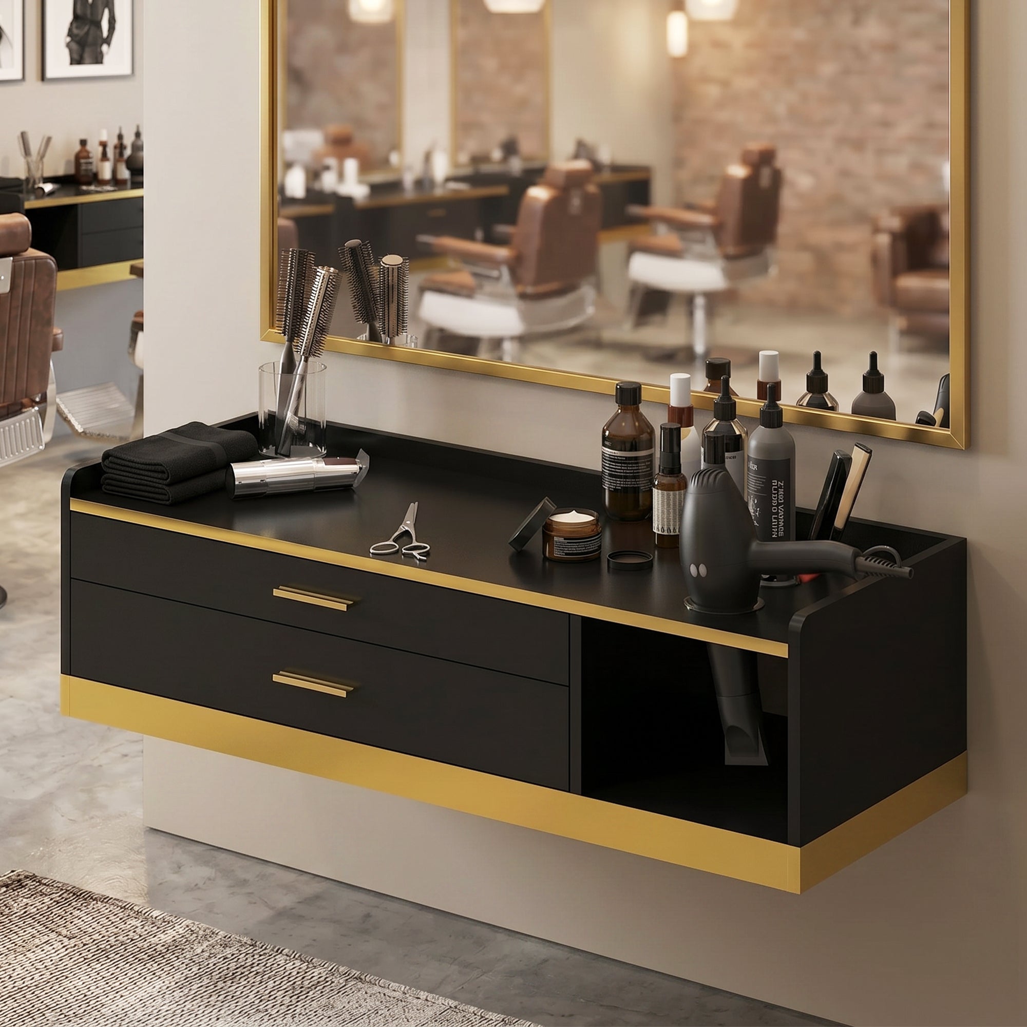 Advwin Wall Mount Barber Desk w/ Gold Accent