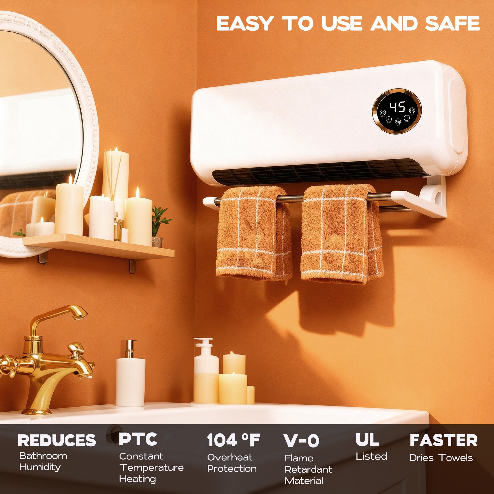 Wall-mounted towel warmer with towels hanging on an orange wall, featuring text about its features.