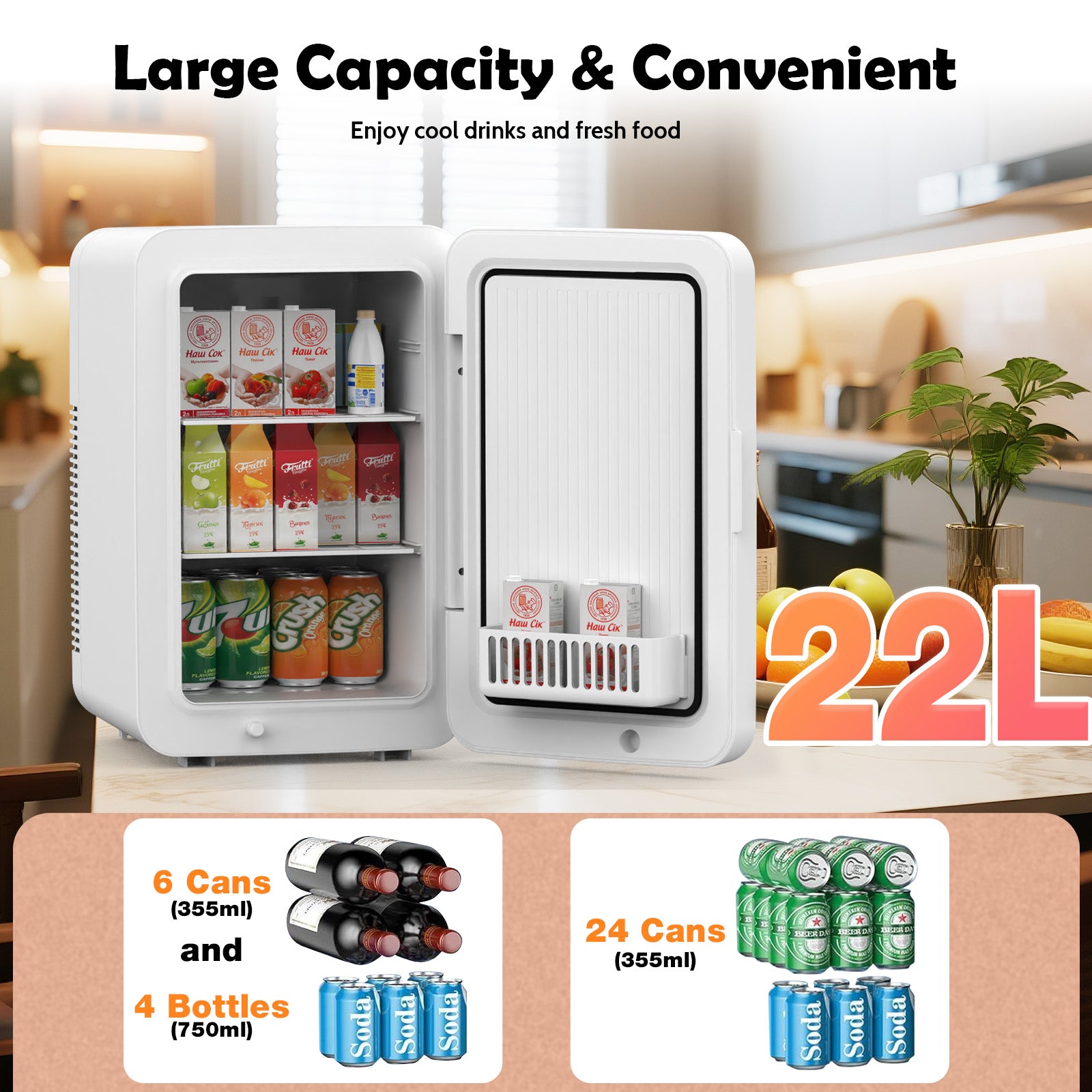 Small white refrigerator with drinks inside, labeled '22L' and 'Large Capacity & Convenient'.