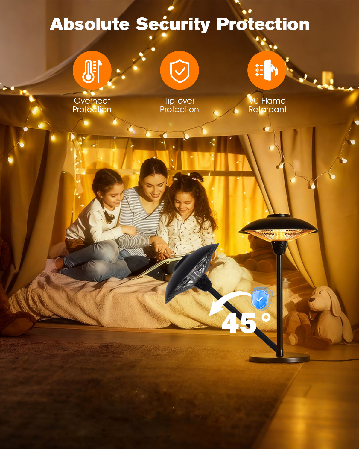 Family sitting inside a cozy indoor tent with decorative lights, surrounded by safety features.