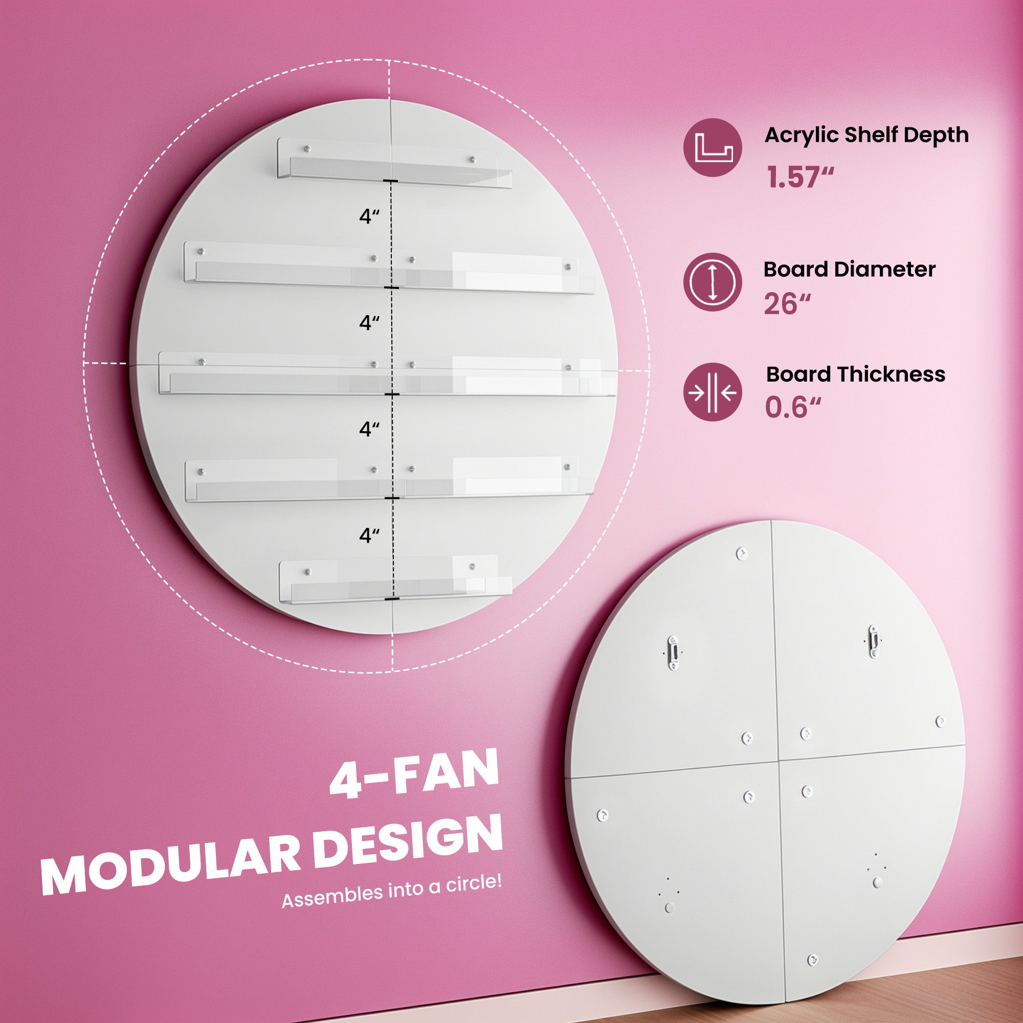 Circular acrylic shelf with dimensions and modular design features on a pink background