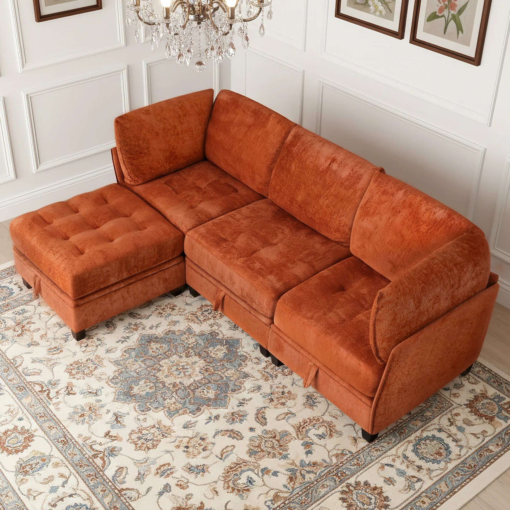 Orange sectional sofa in a room with decorative elements