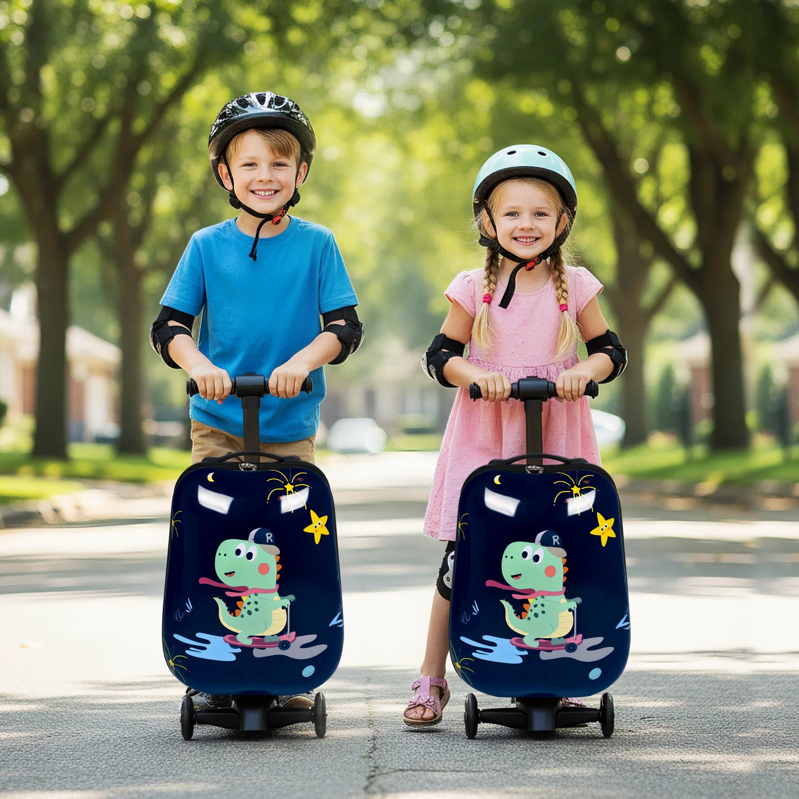 Two children riding scooters with cartoon dinosaur designs on their covers, wearing helmets and elbow pads.