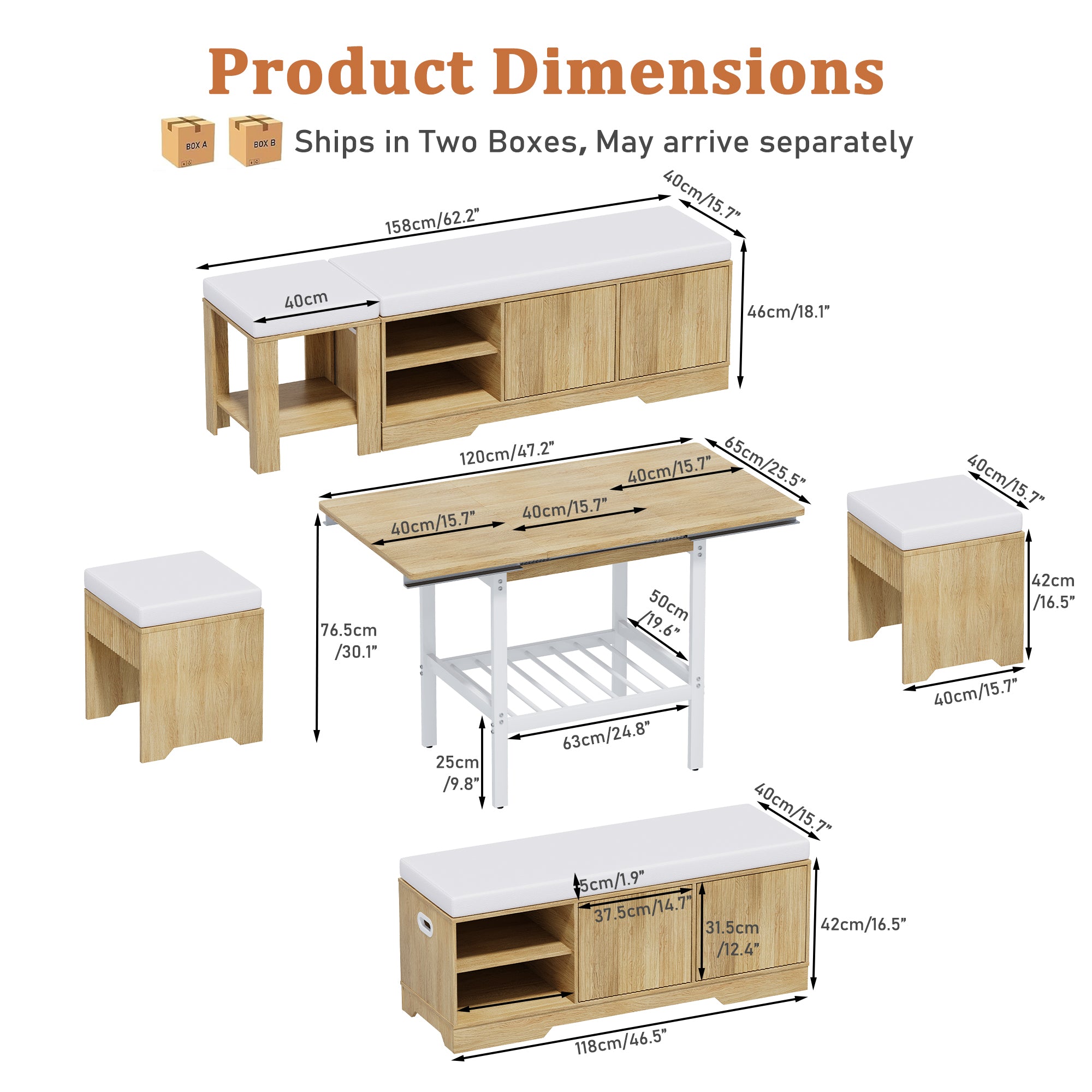Furniture set with dimensions labeled on a white background