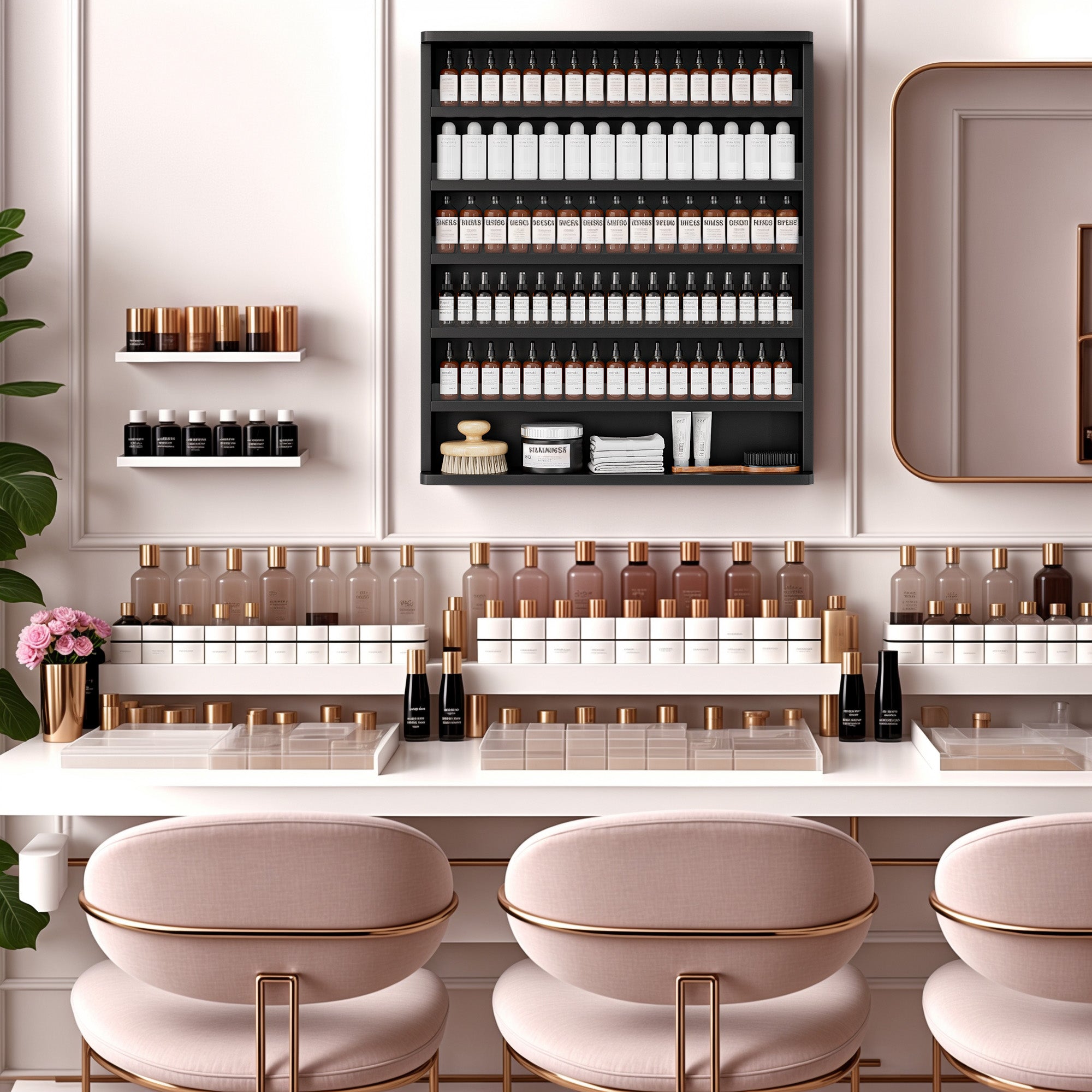 Modern barbershop interior with shelves of products, mirrors, and pink chairs.