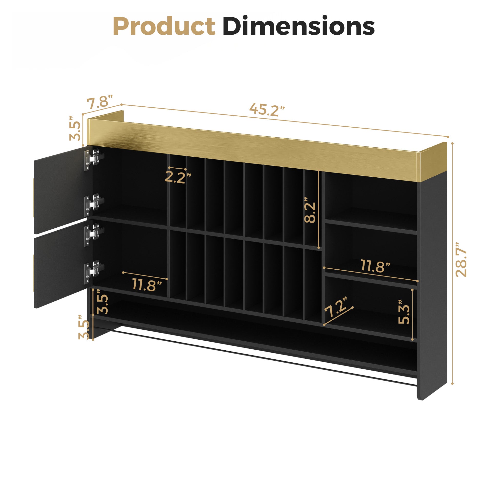 Dimensions of a black shelf with gold top on a white background
