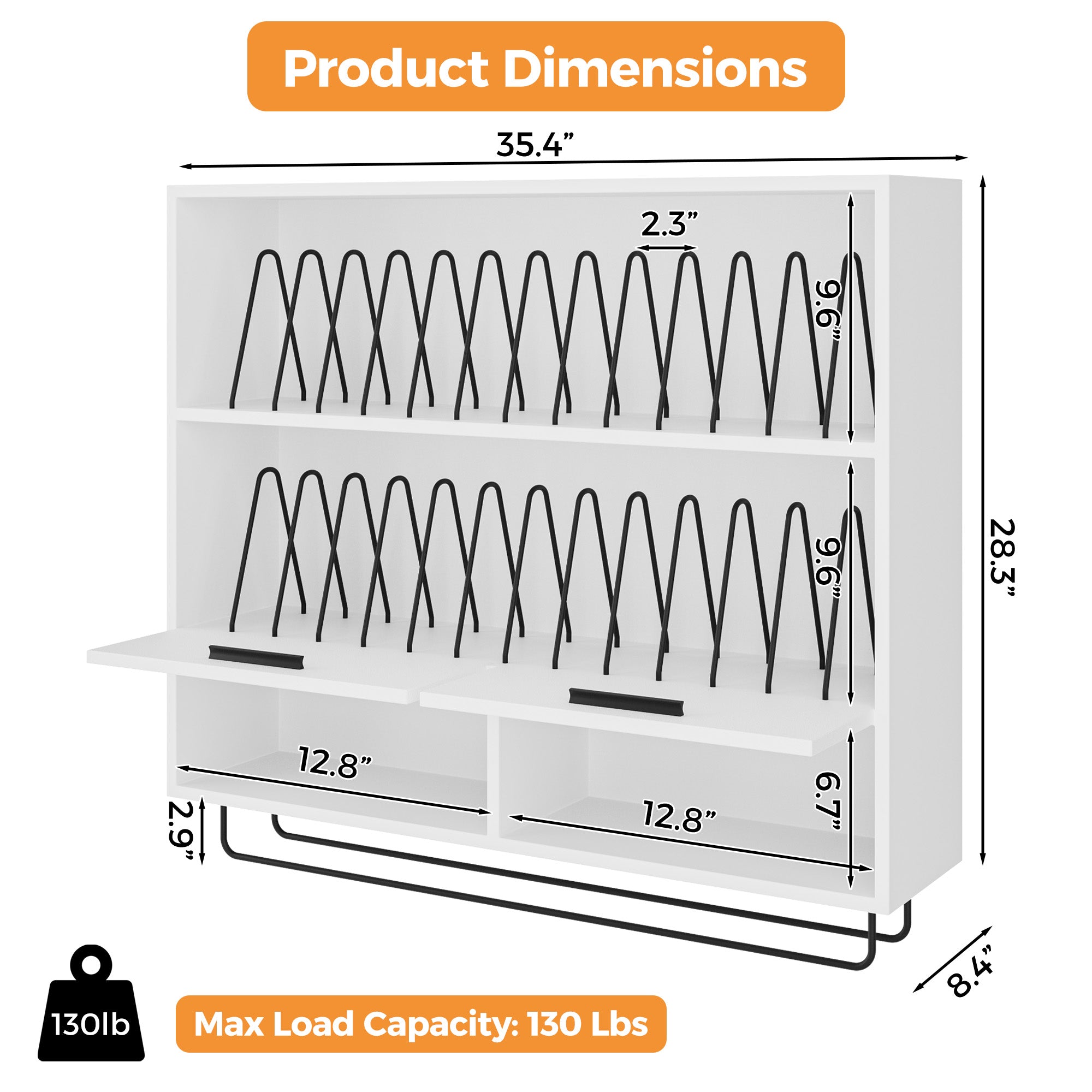 White wall-mounted shoe rack with black hooks and dimensions labeled